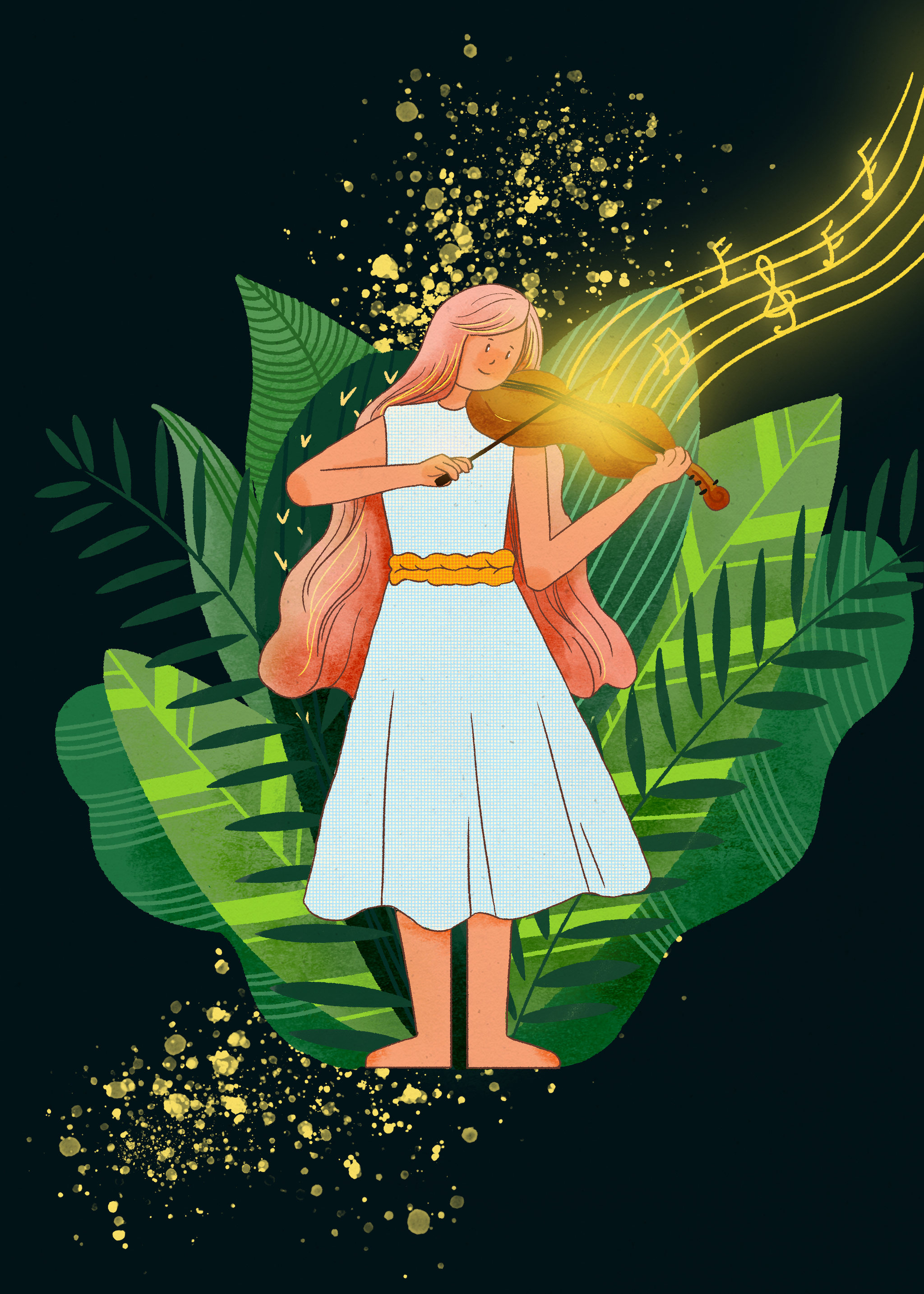 插画 音乐 花 弹小提琴的女孩