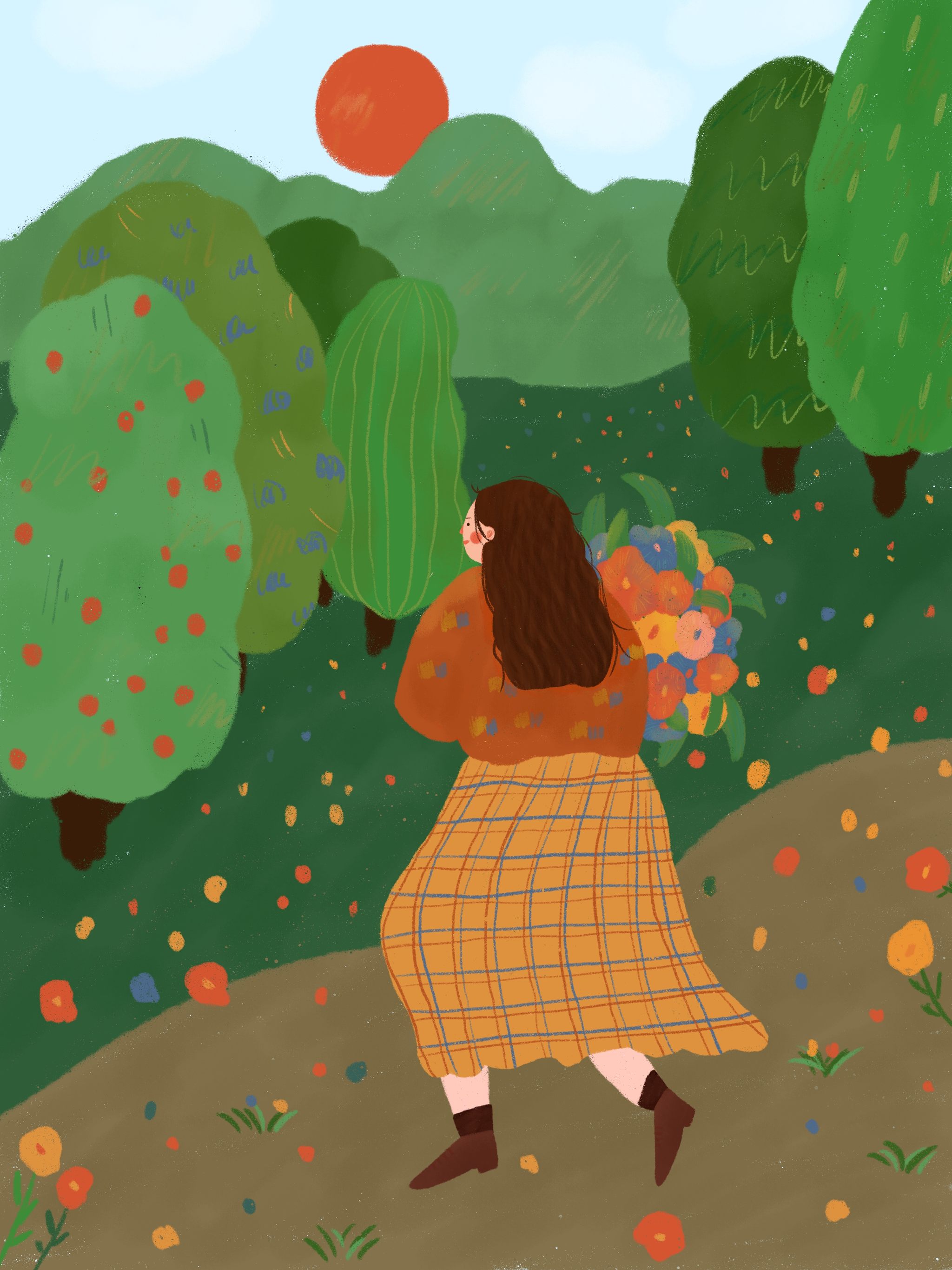 春天采花的女孩