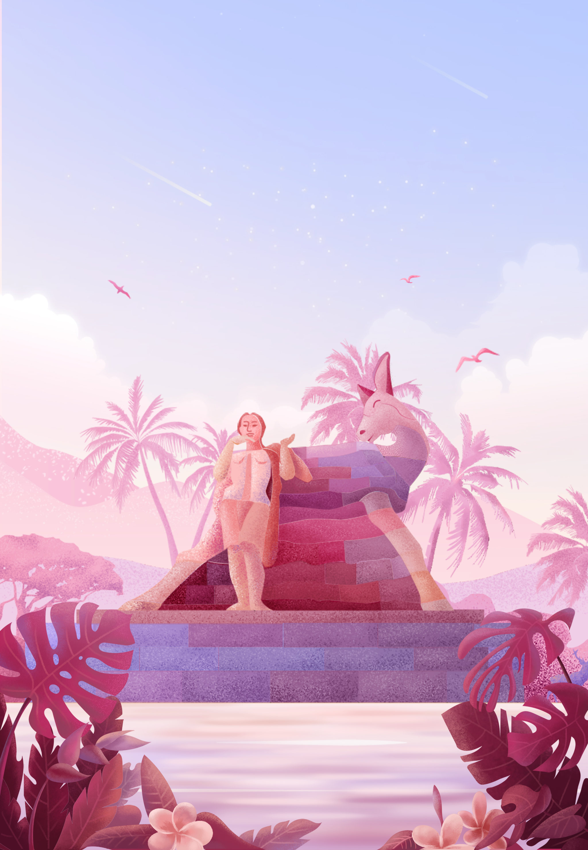 海南三亚鹿回头旅游风景区海南特色插画海报