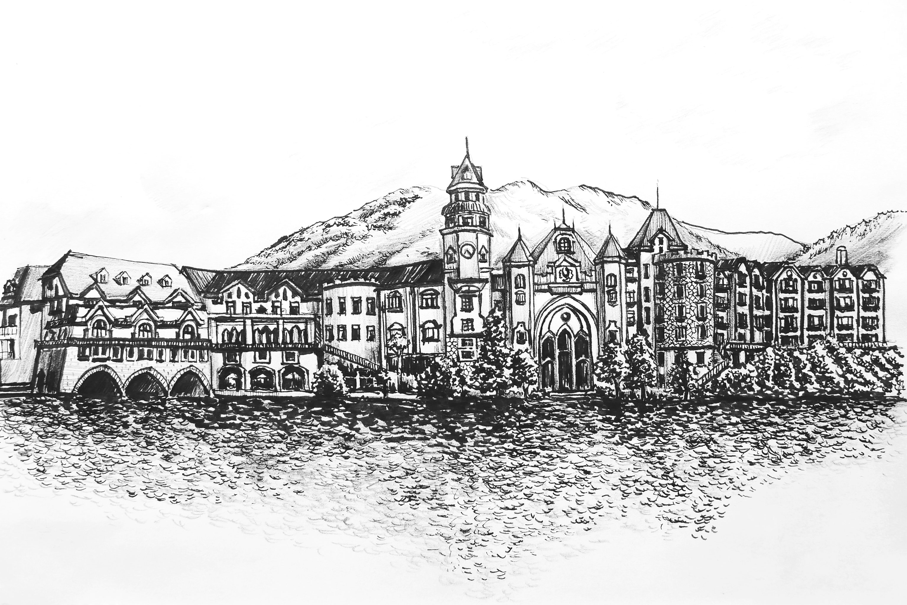 深圳地标建筑旅游区欧式因特拉根小镇城市插画钢笔画