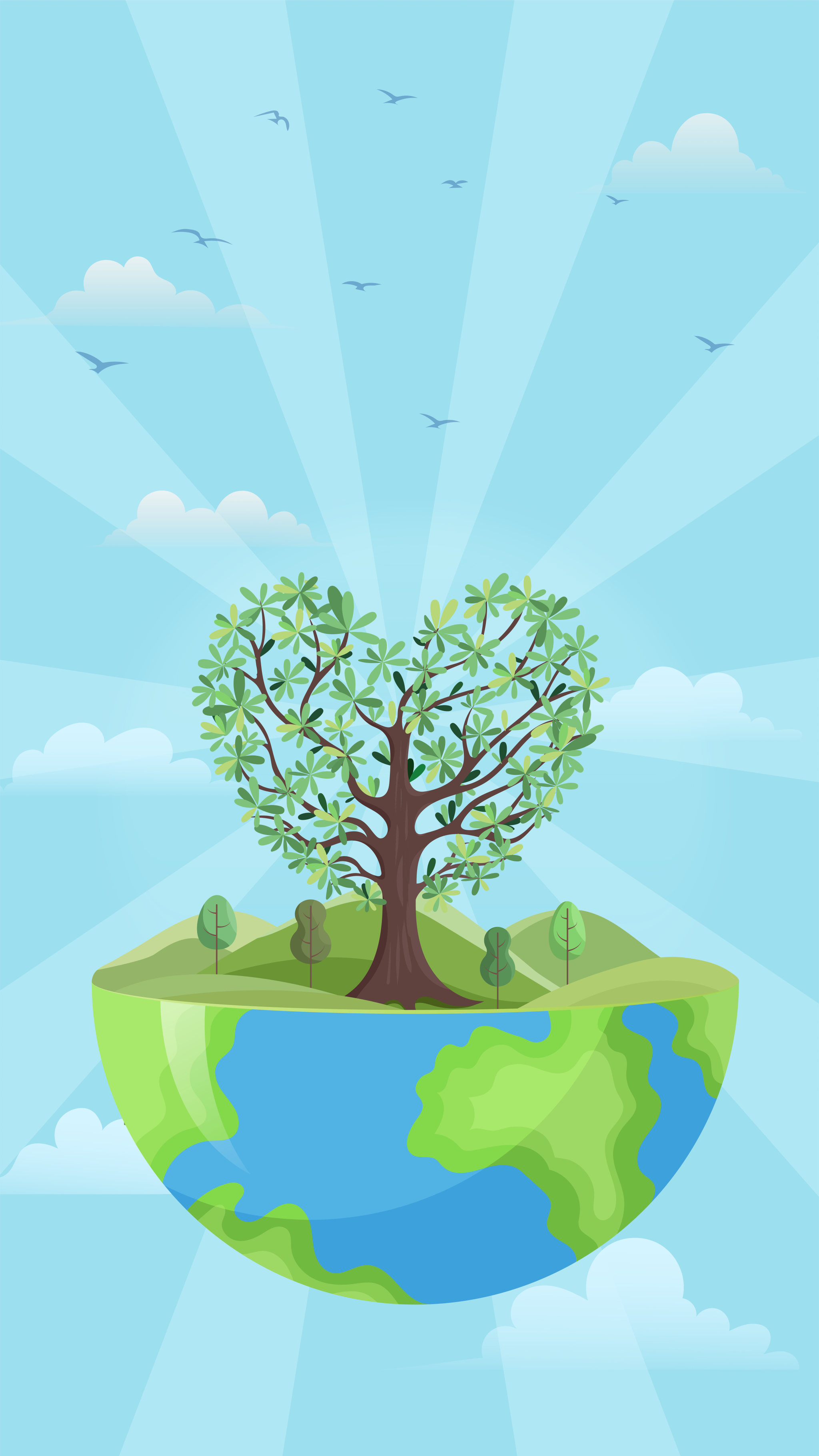 春天地球上有爱心树环保教育矢量插画海报