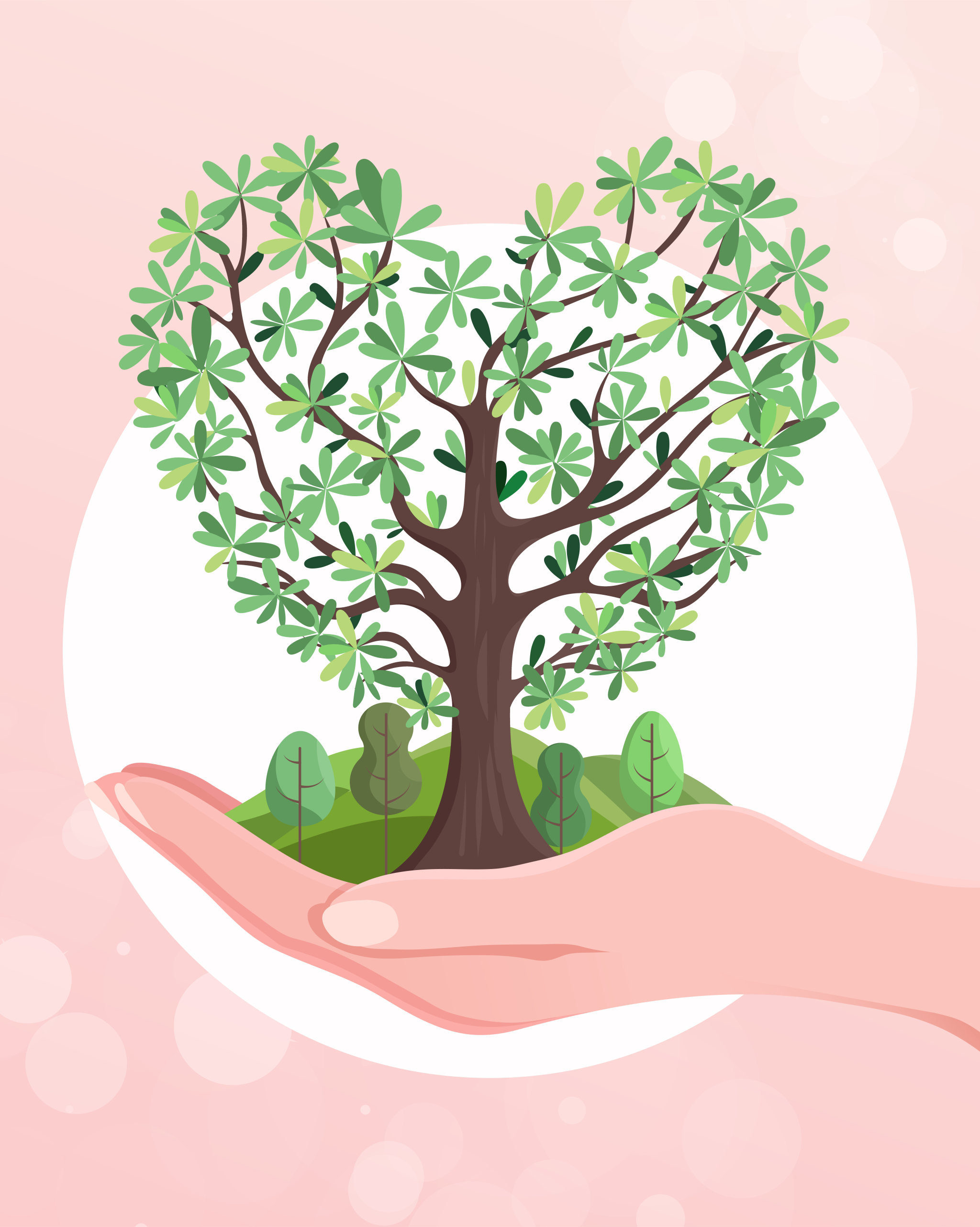 手捧着爱心形状的树木的植树节矢量插画