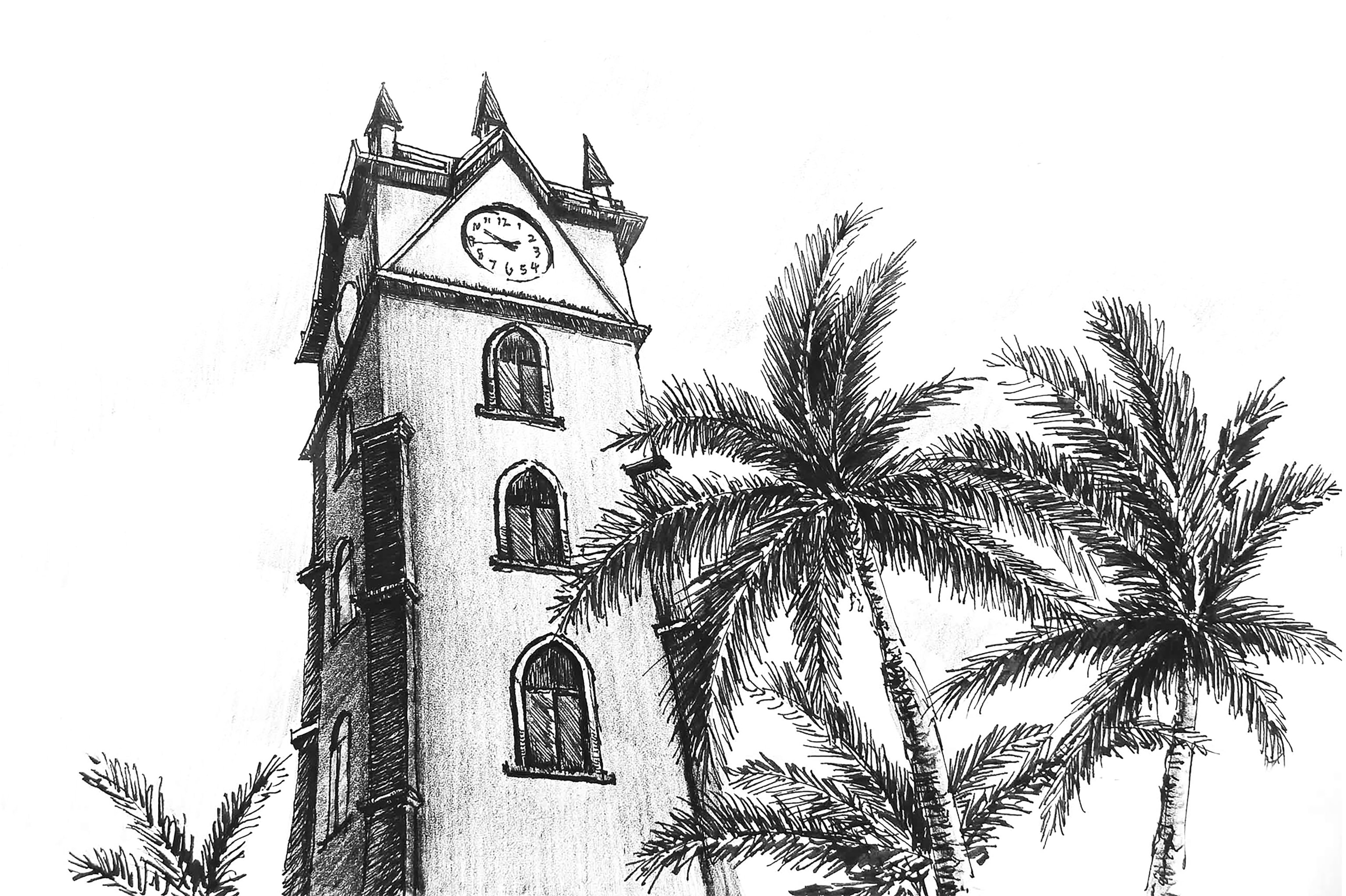 海南地标建筑旅游景区历史文化钟楼城市插画钢笔画