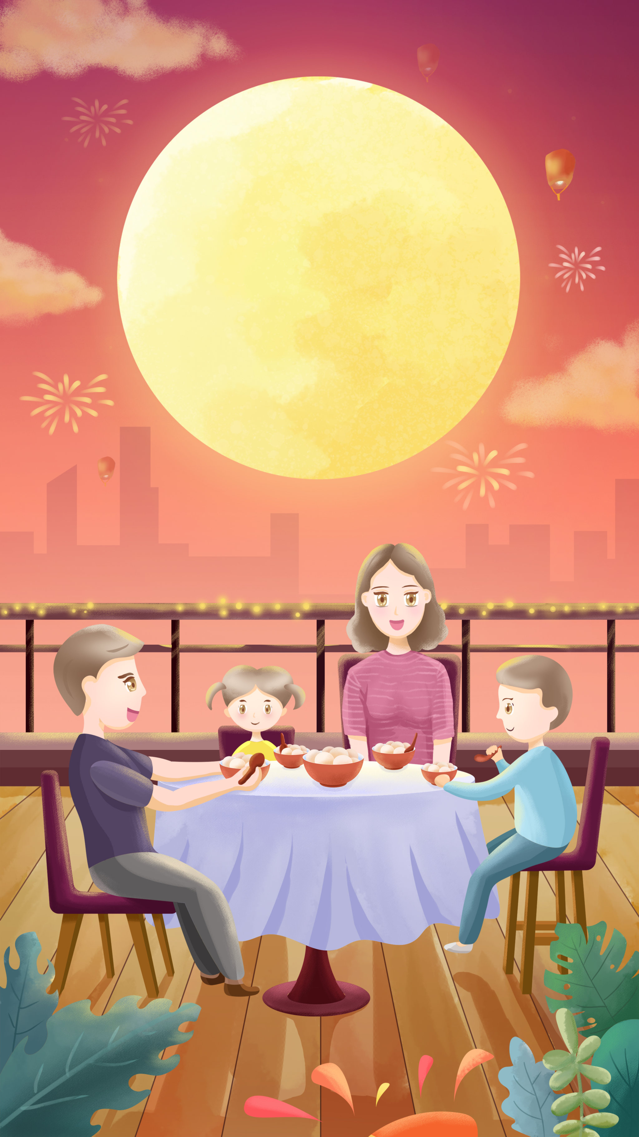 元宵节家人欢聚一起吃饭吃汤圆人物插画