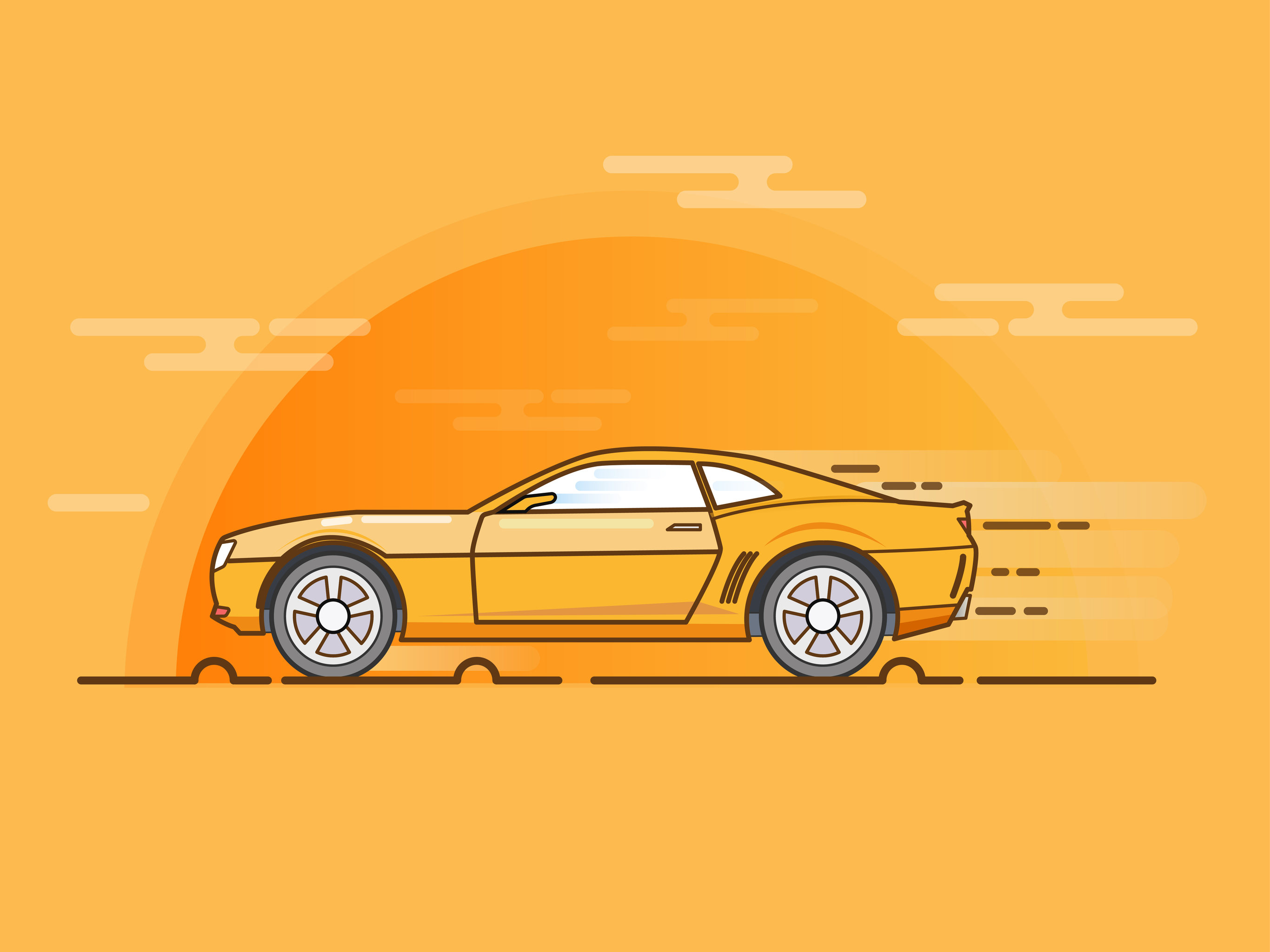 一辆飞驰的大黄蜂小汽车描边风扁平矢量插画