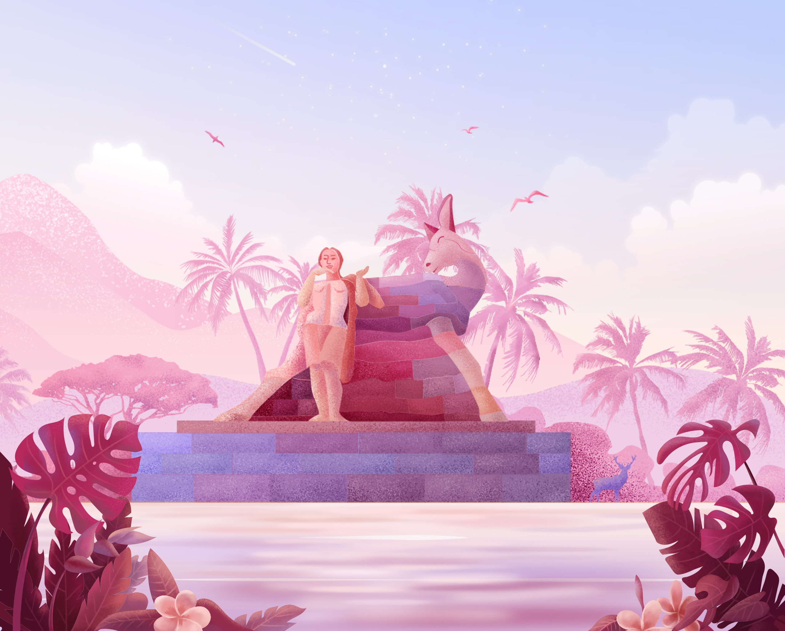 海南三亚鹿回头旅游风景区海南特色插画海报横版会议广告背景