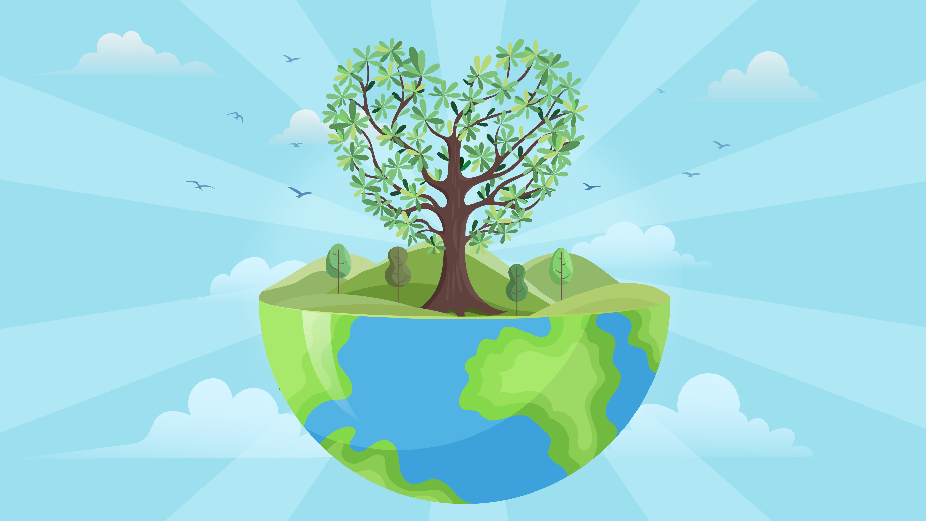 春天地球上有爱心树环保教育矢量插画海报