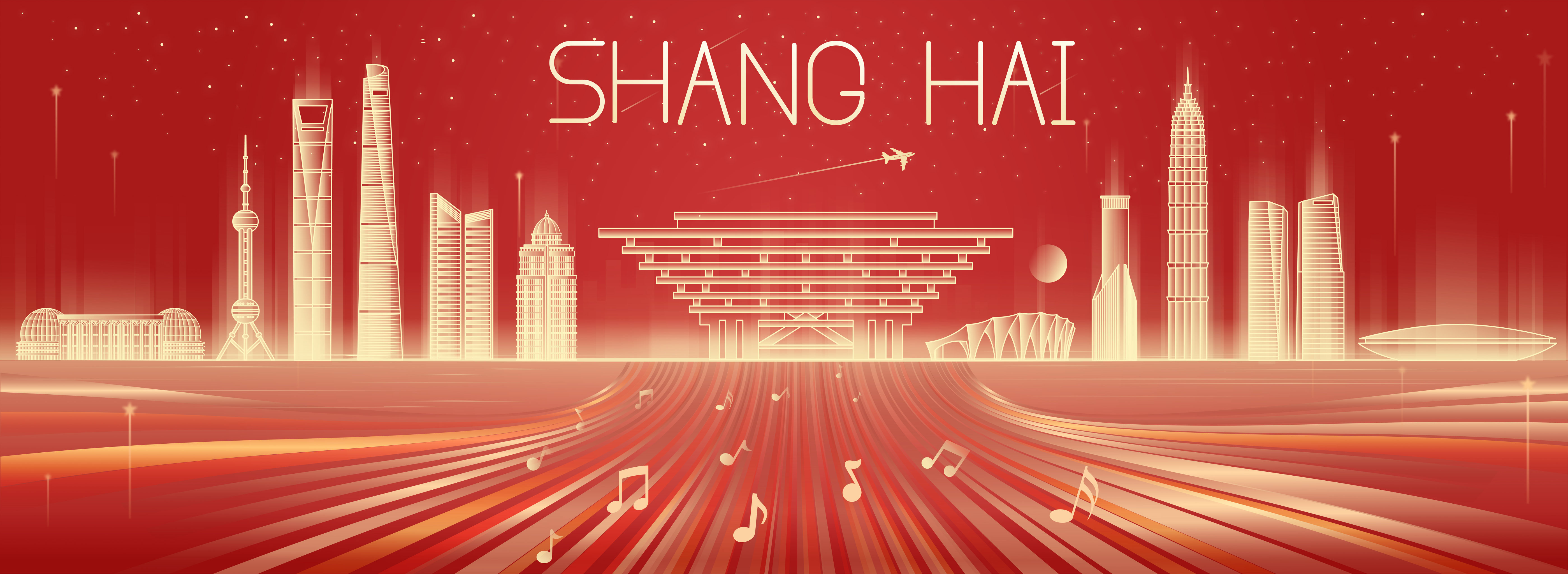 线性红金科技感上海地标建筑城市矢量插画