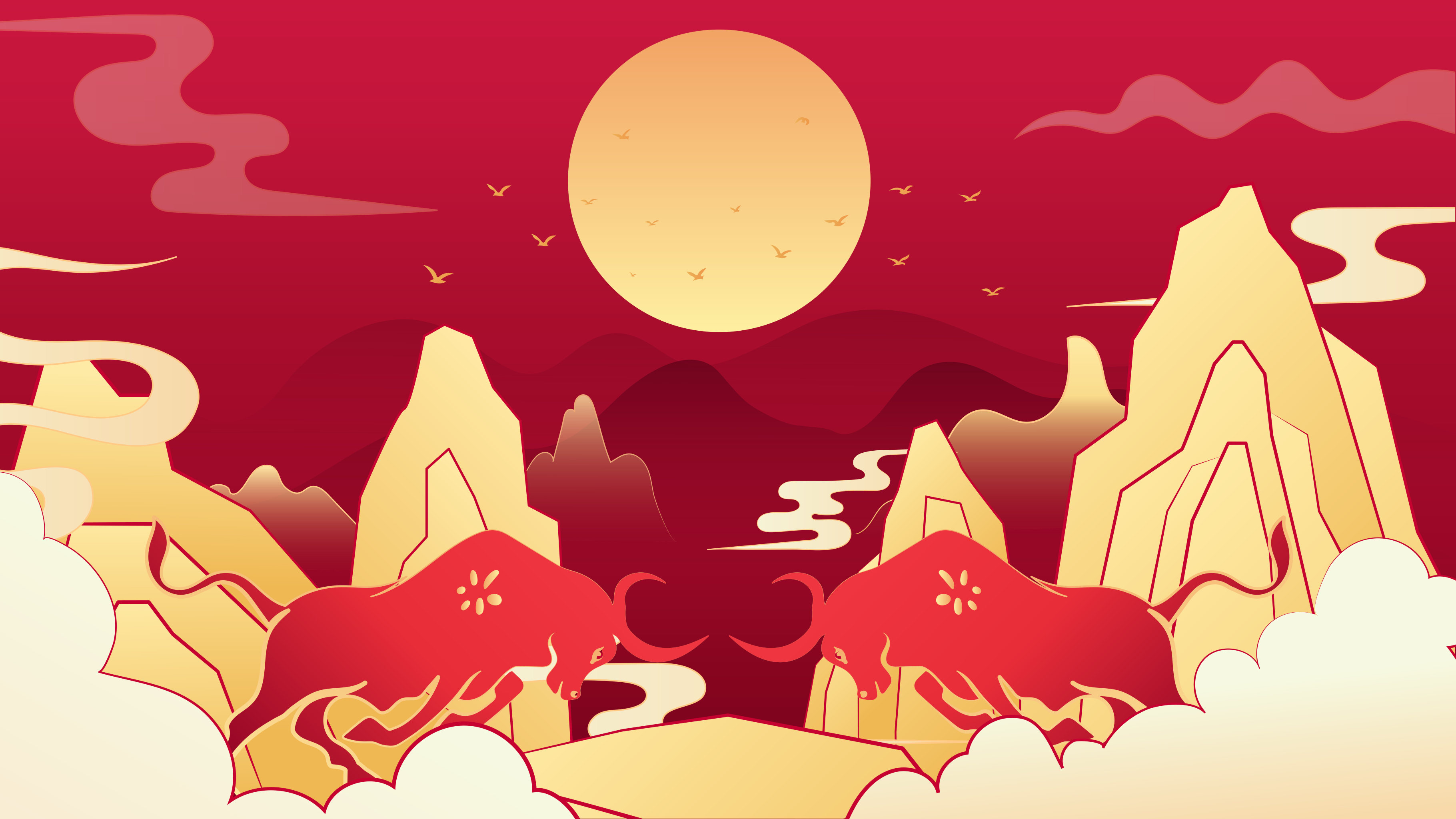 牛年新春春节国风国潮矢量金牛青山插画背景海报