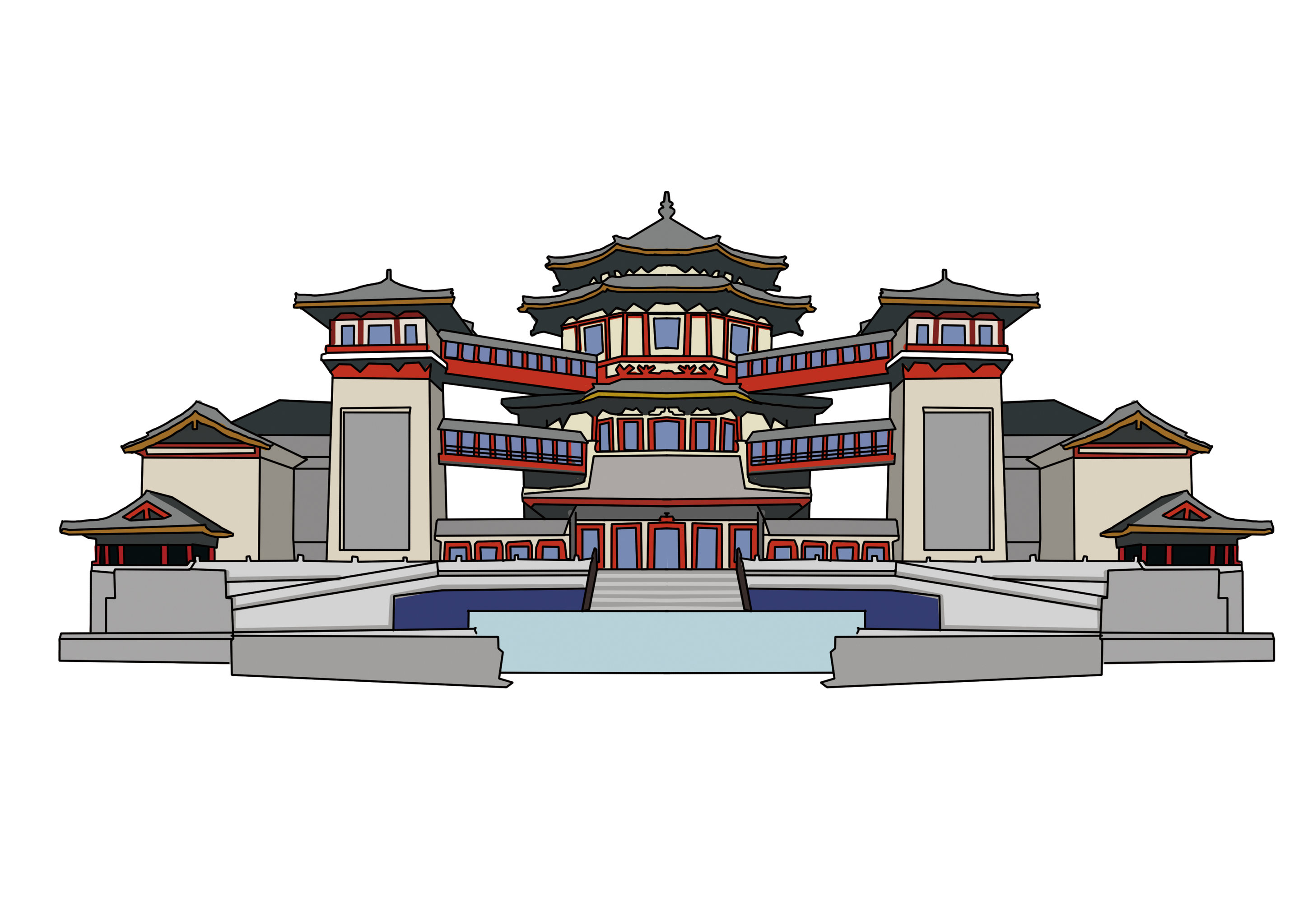 插画老建筑传统景点房屋庭院门楼