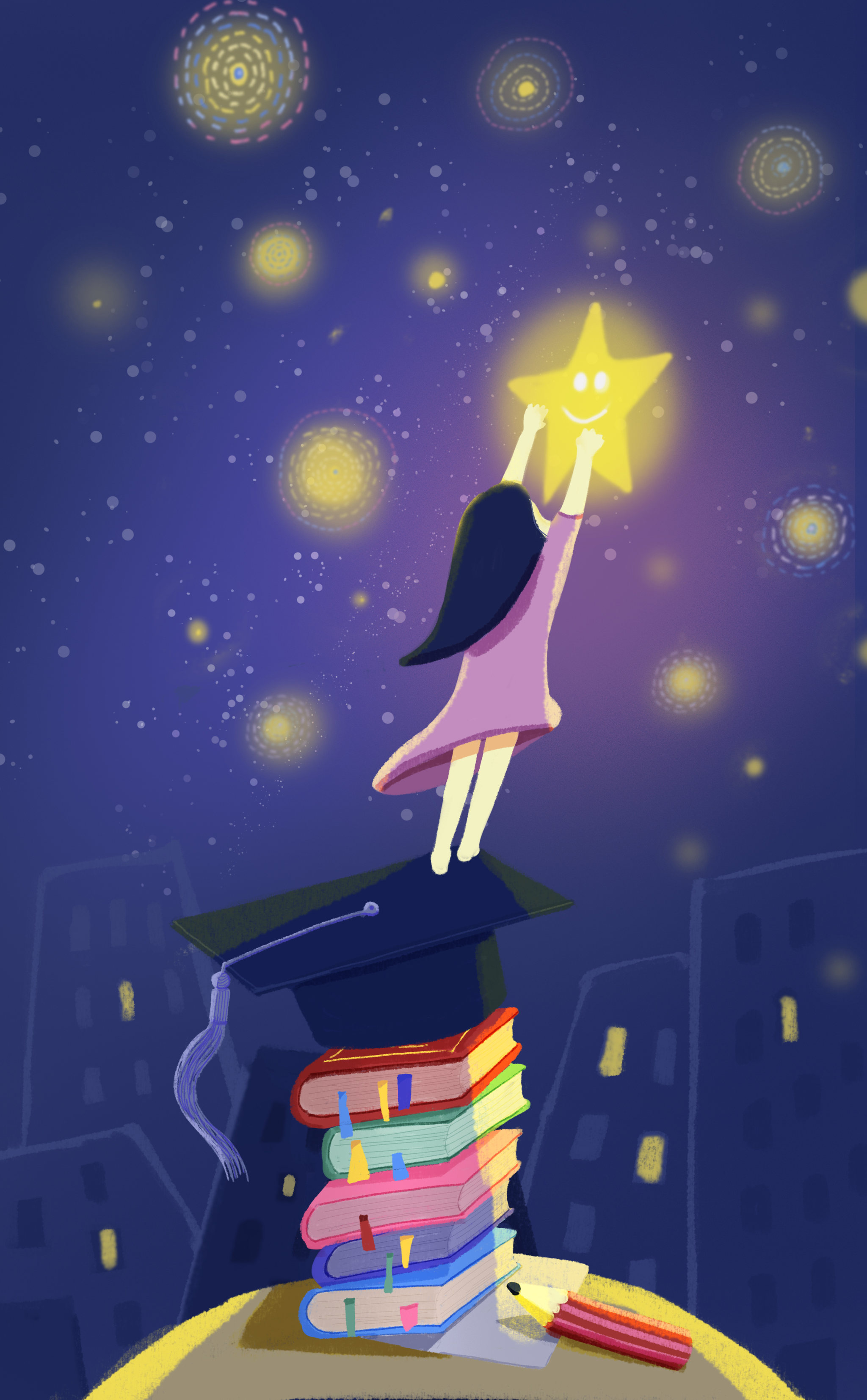 站在书本上摘天上星星的女孩