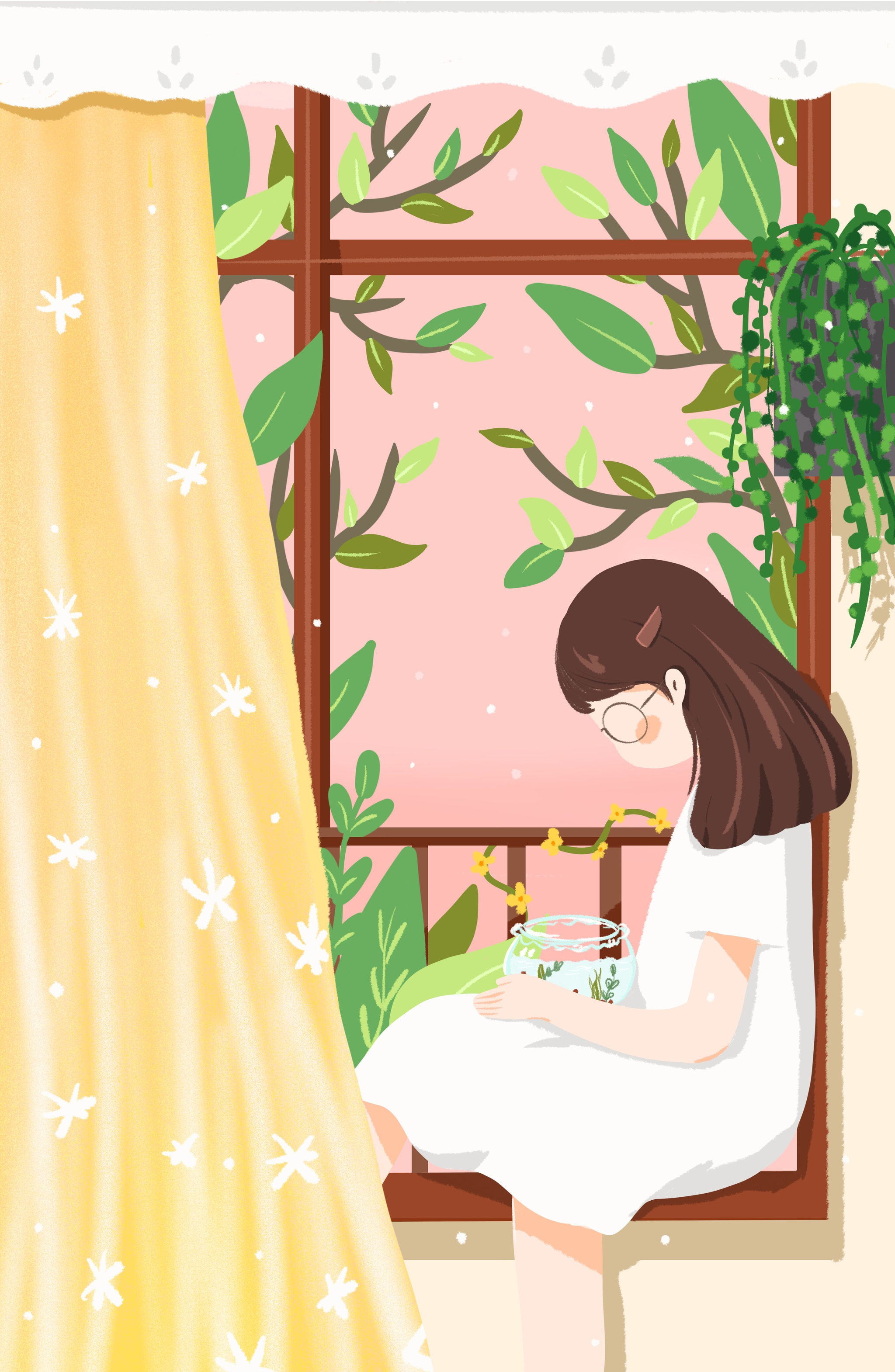 坐在窗前抱着鱼缸的戴眼镜女孩