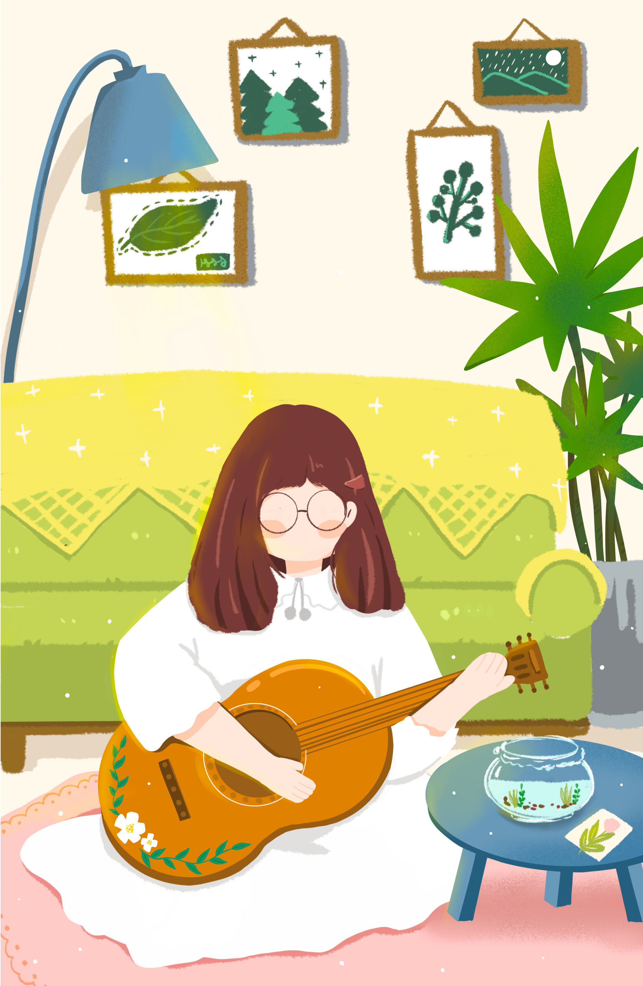 黄衣眼镜妇女学吉他图片