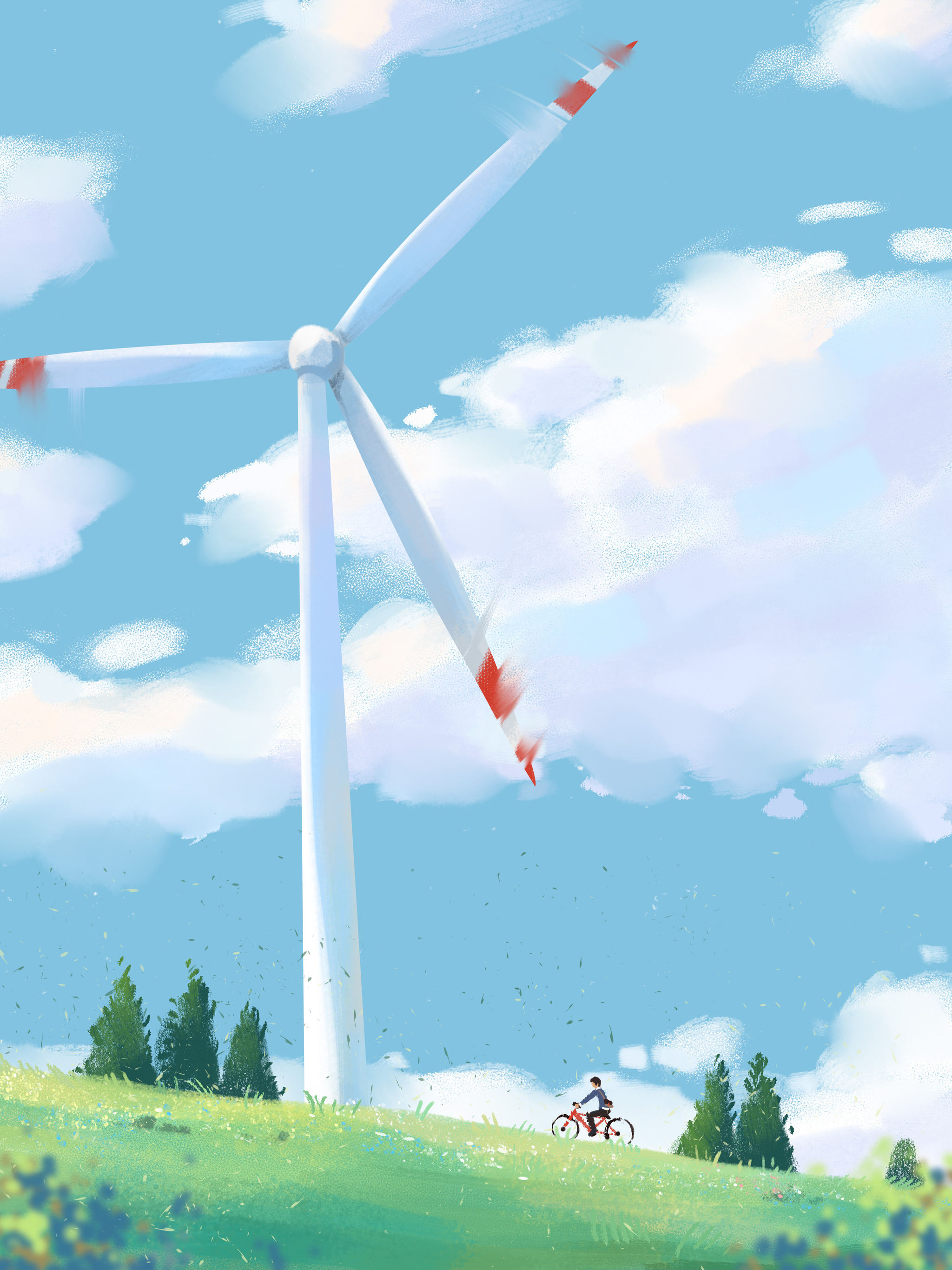 骑着自行车在山上看风景大风车