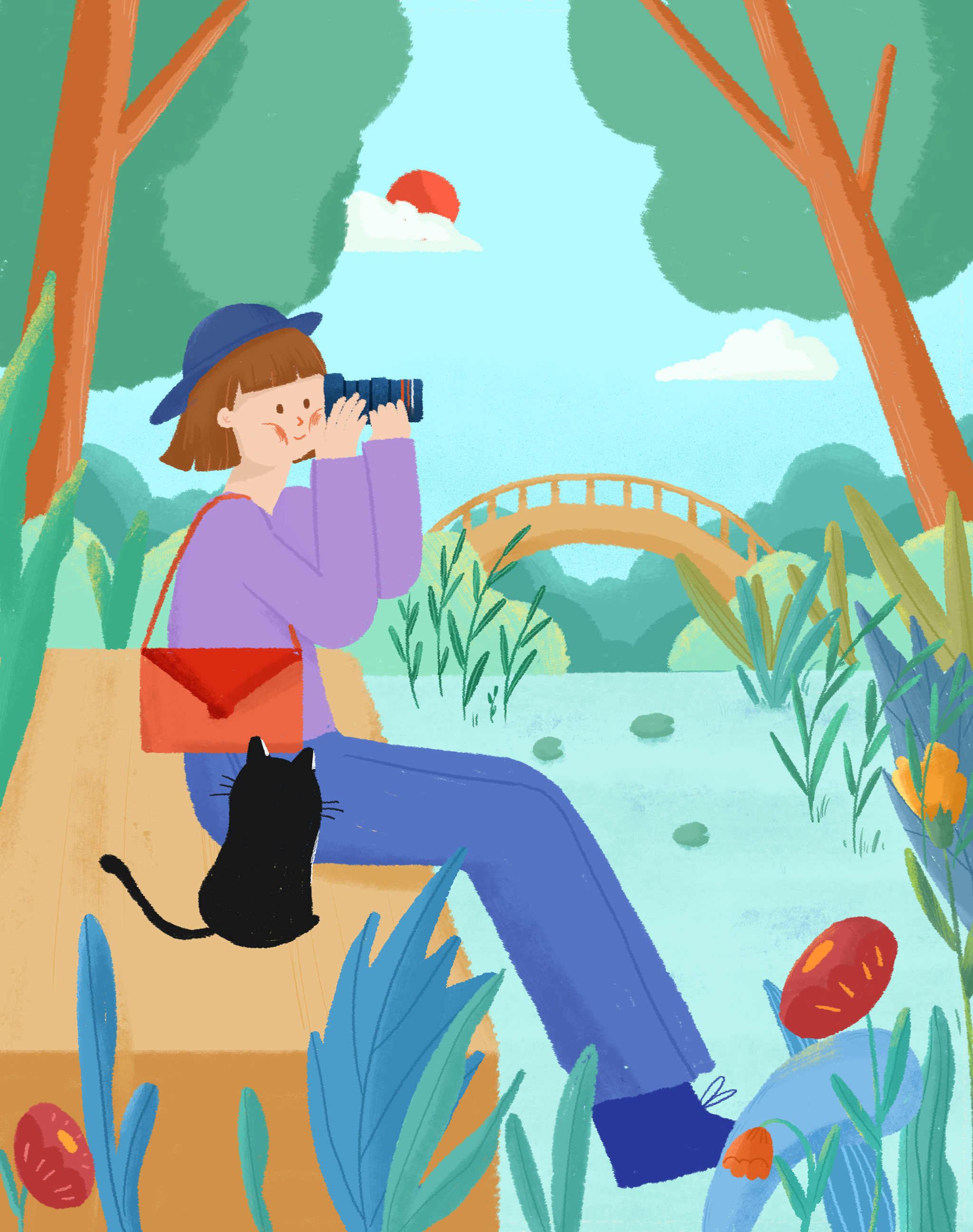 户外郊游拍照踏青人物插画