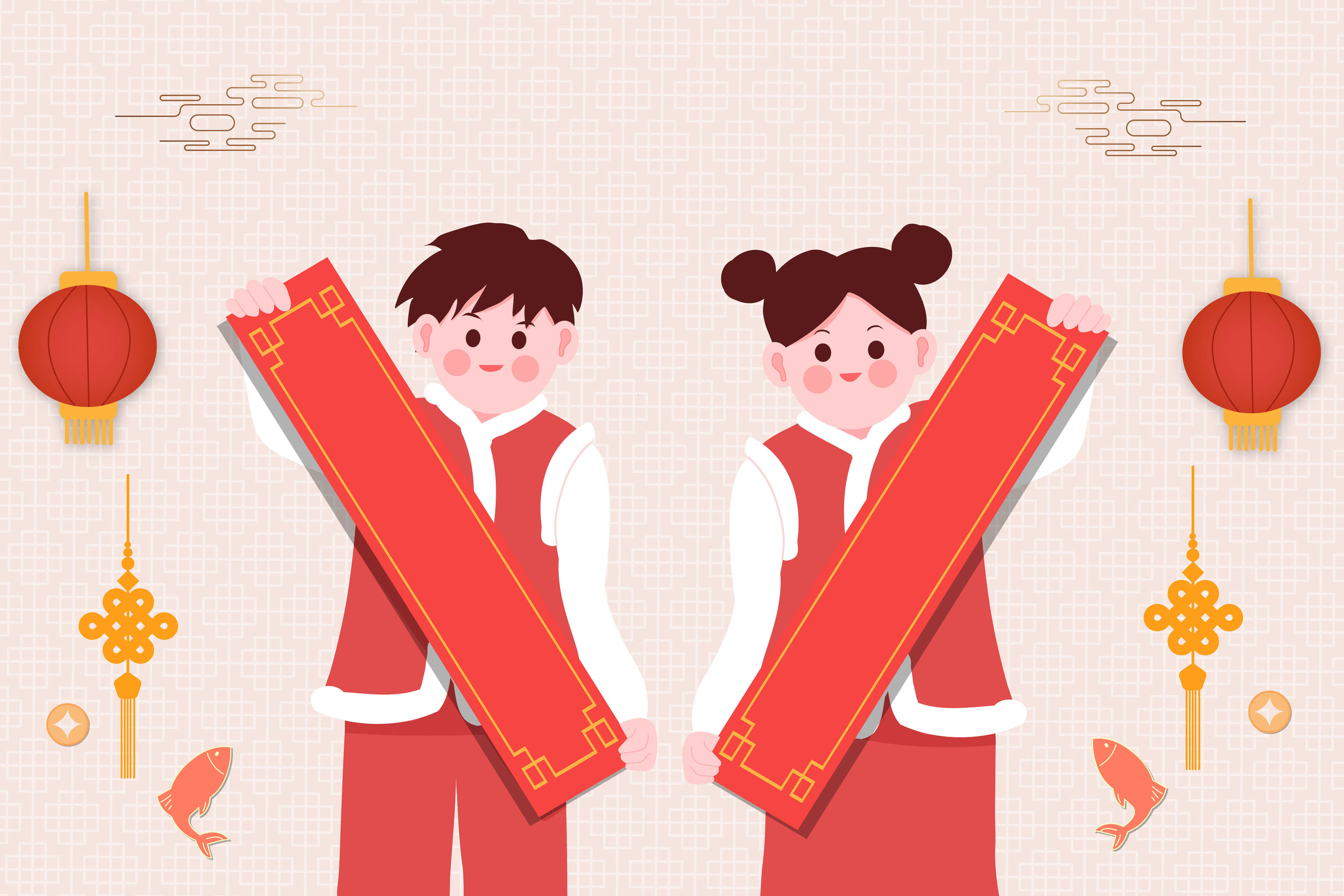 新年手拿空白对联的男女矢量插画