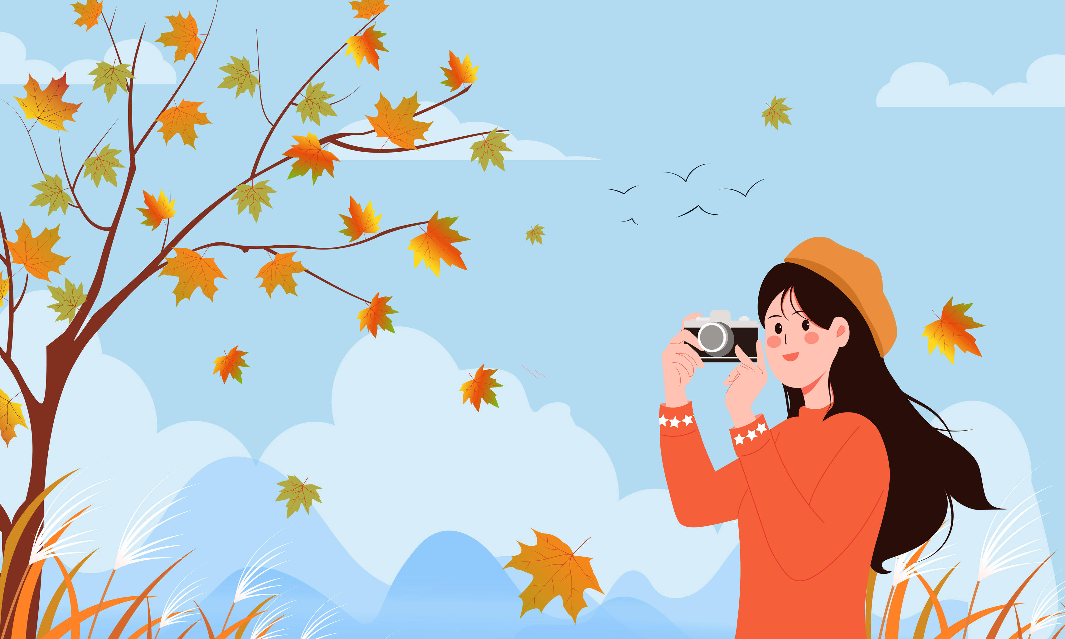 拿着相机照相的女孩矢量插画