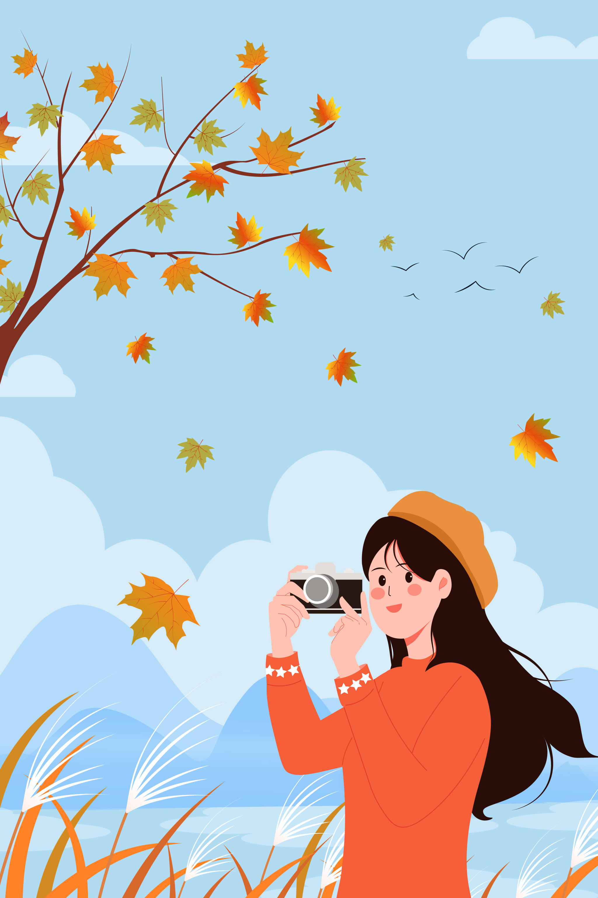 拿着相机照相的女孩矢量竖版插画