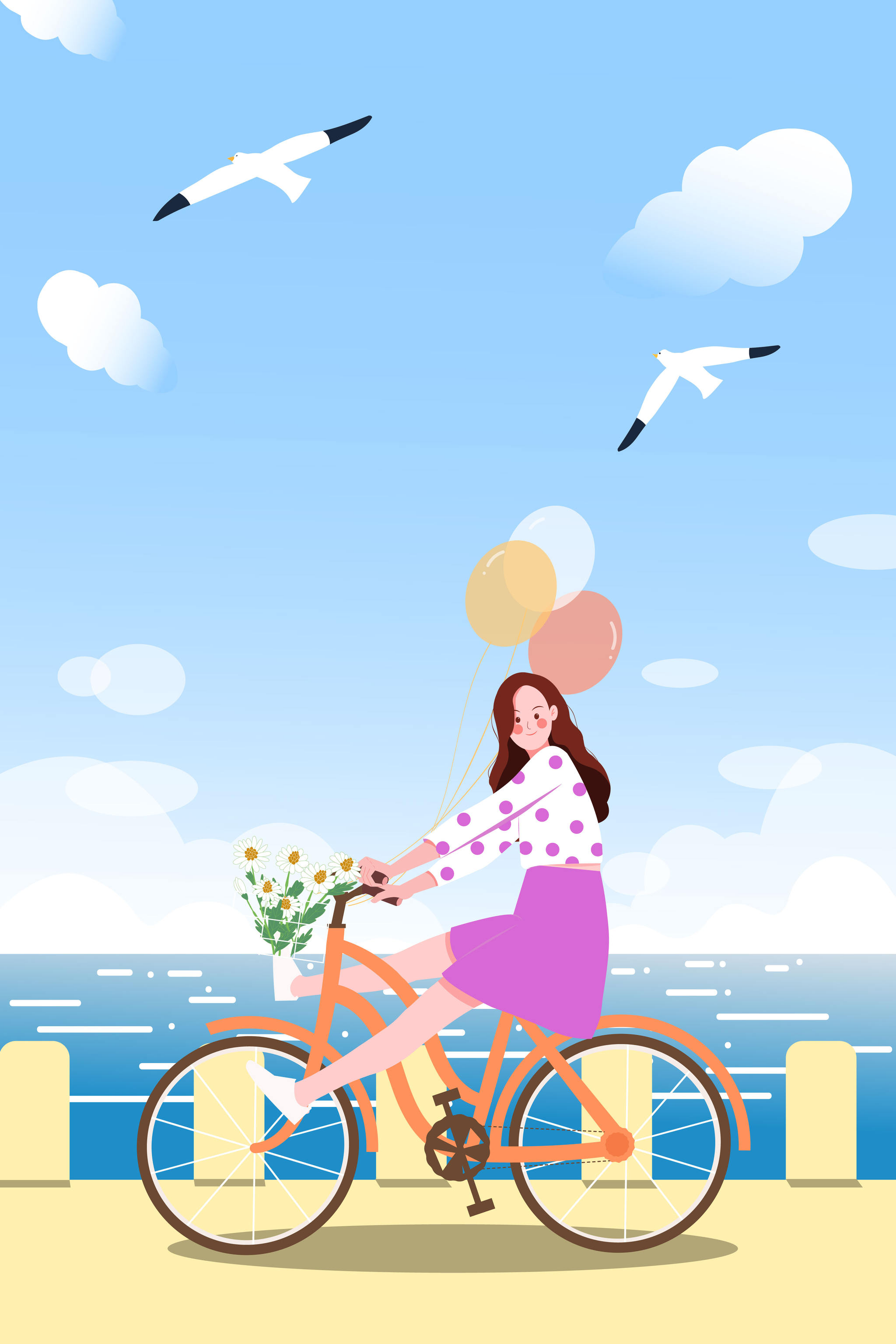 女孩海边骑自行车度假休闲的矢量插画