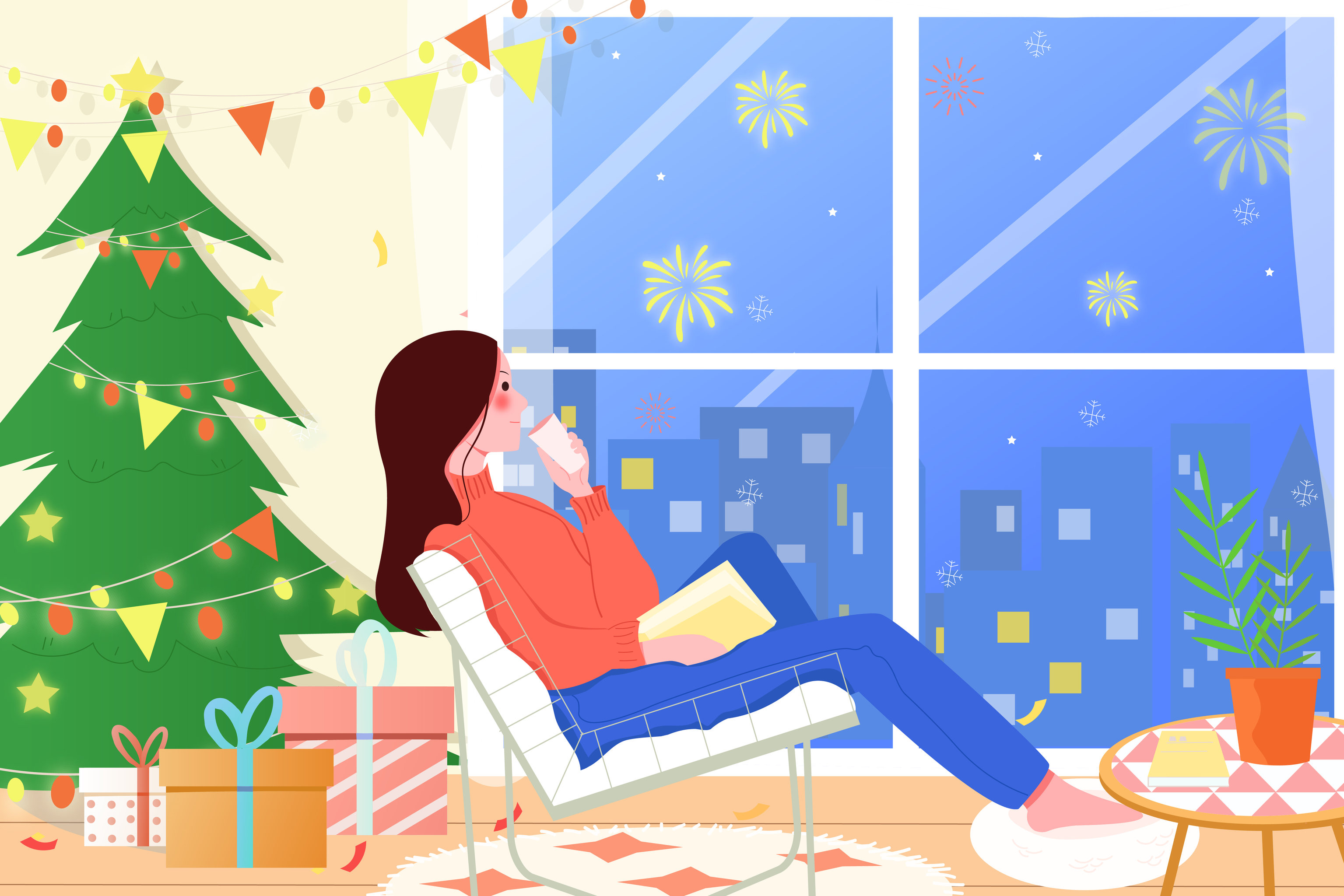 房间里看窗外烟火璀璨的女孩矢量插画