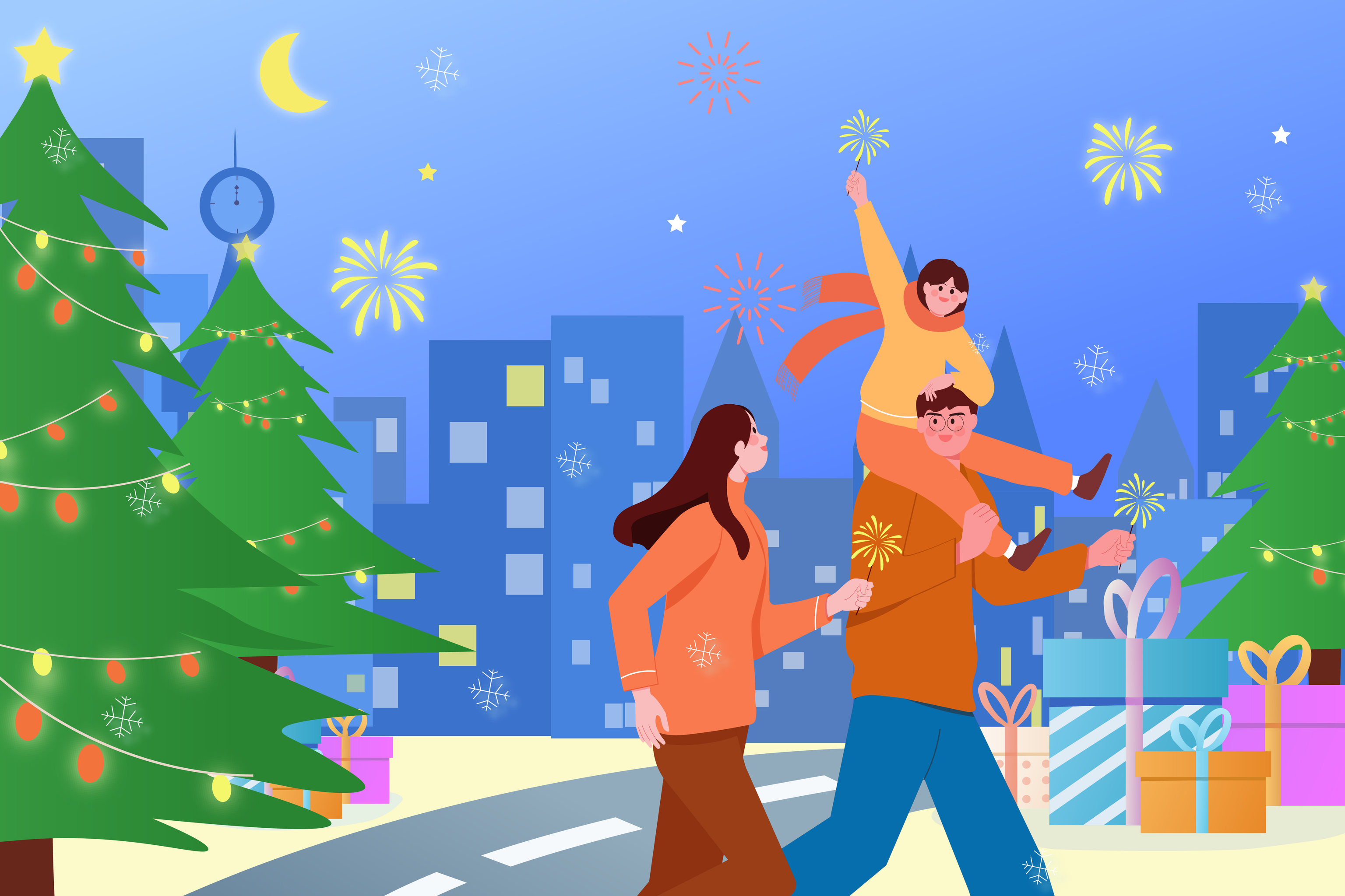 家庭元旦节圣诞节跨年庆祝矢量横版插画