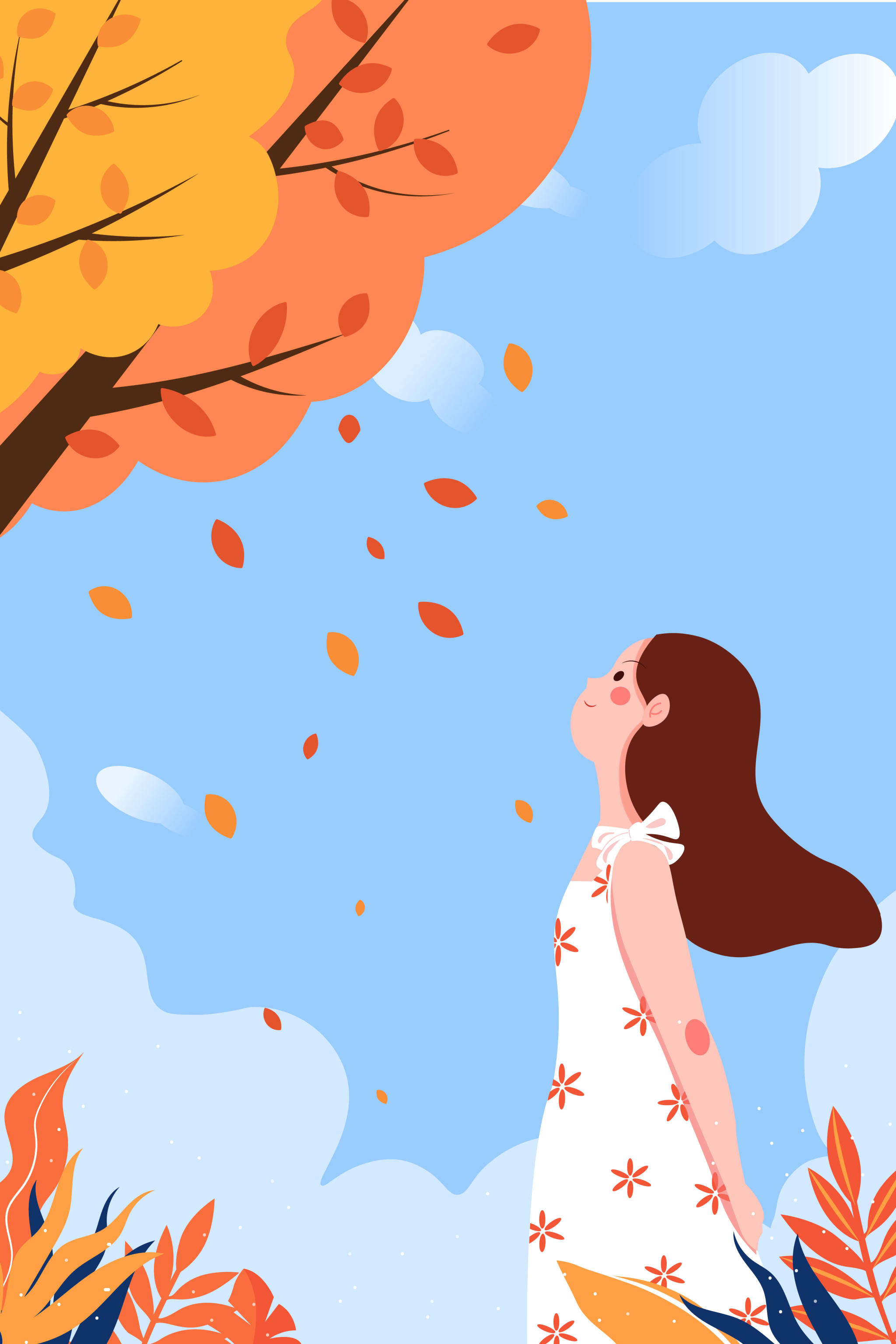秋天仰头看落叶赏秋景的女孩矢量插画