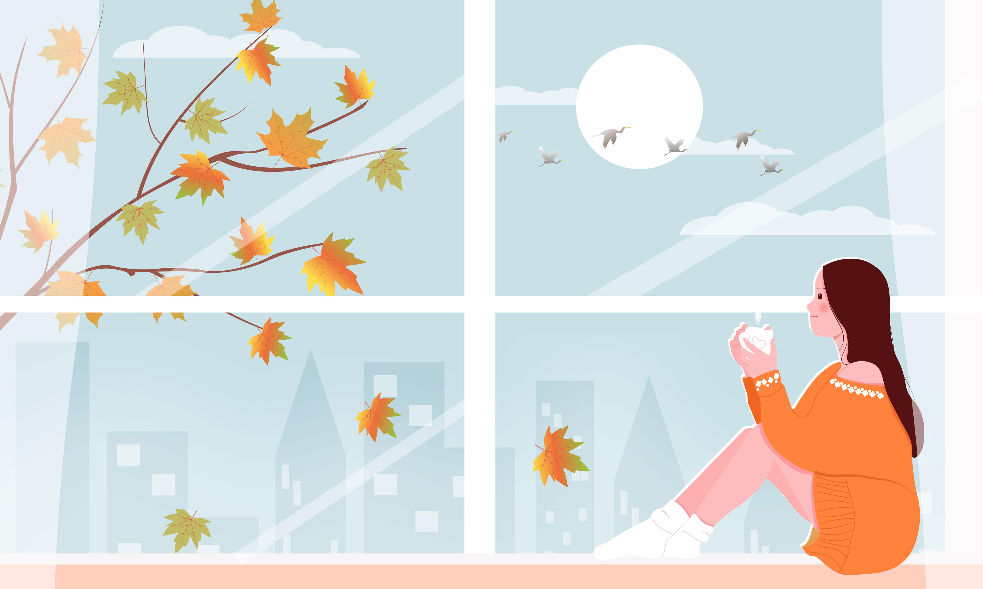 夜晚坐在窗边看风景的女孩矢量插画