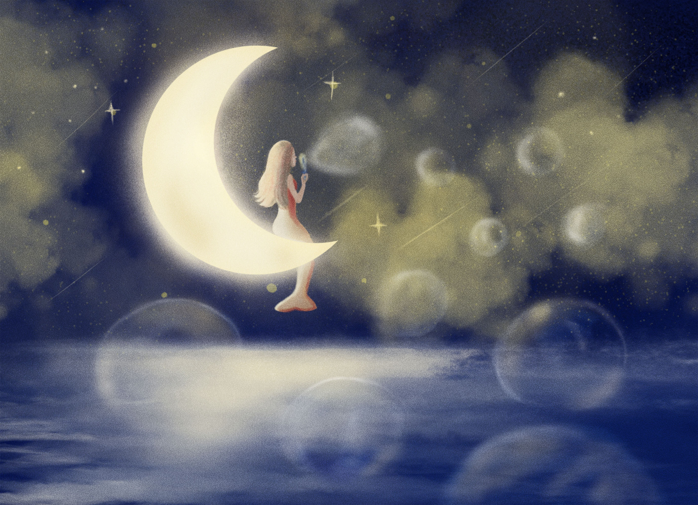 美人鱼坐在月亮上吹泡泡