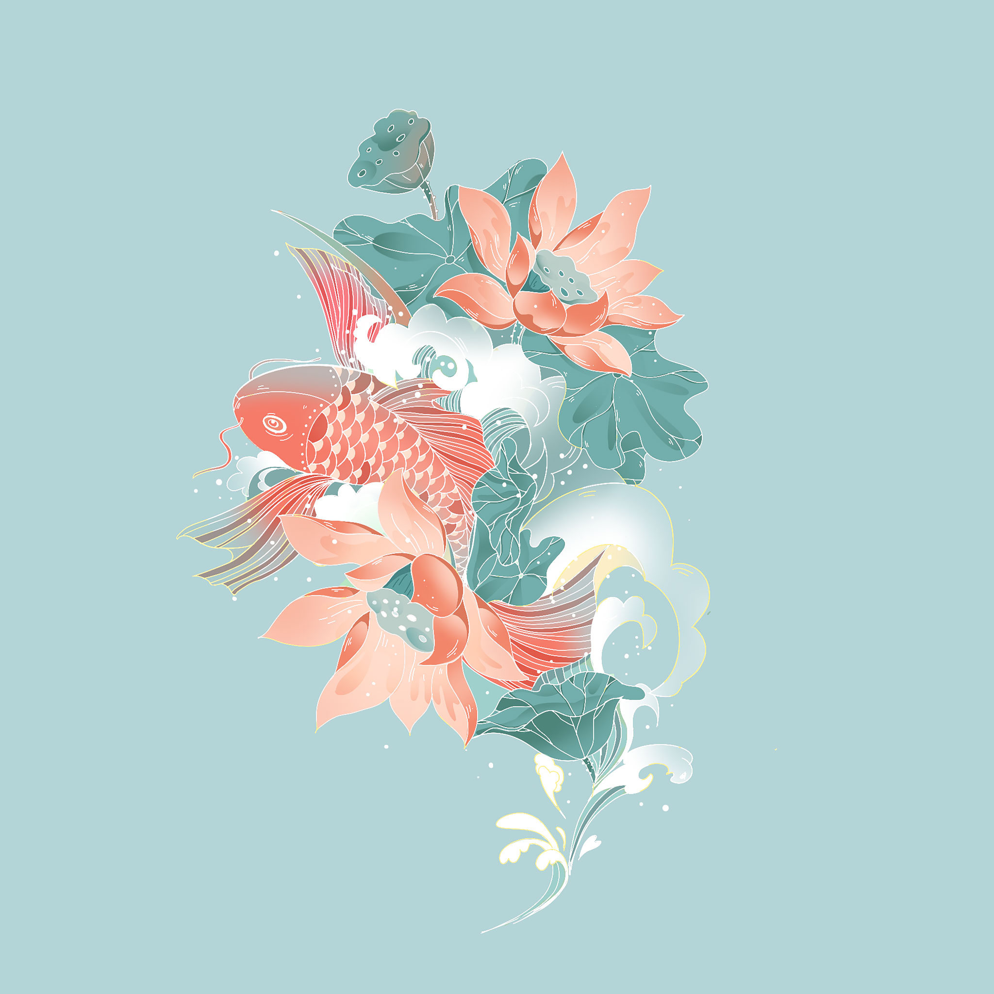 鱼与荷花 插画  - 商业插画 |   上传时间: 2021-06-22 10:11 为ta点