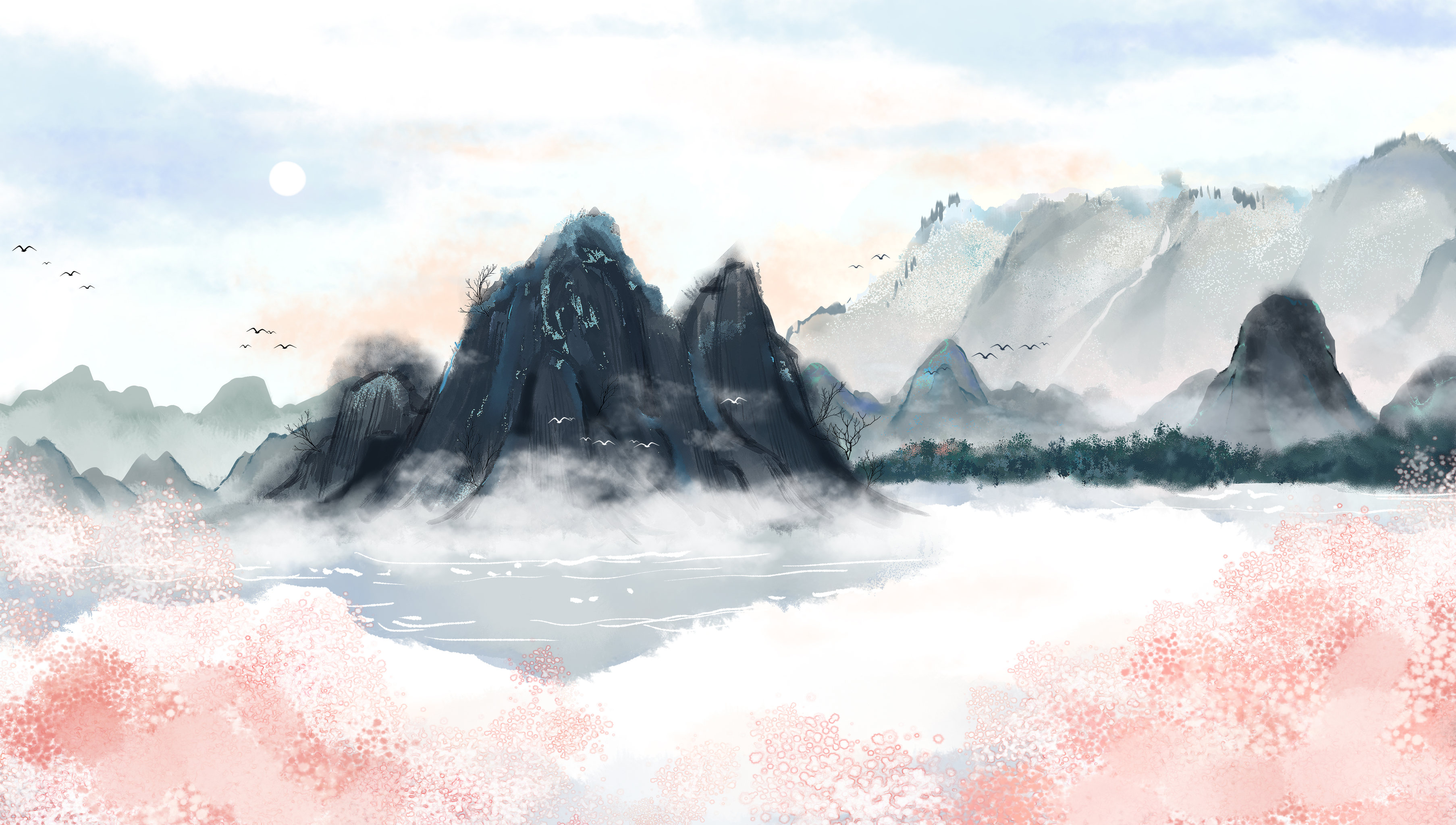 水墨山水春日插画