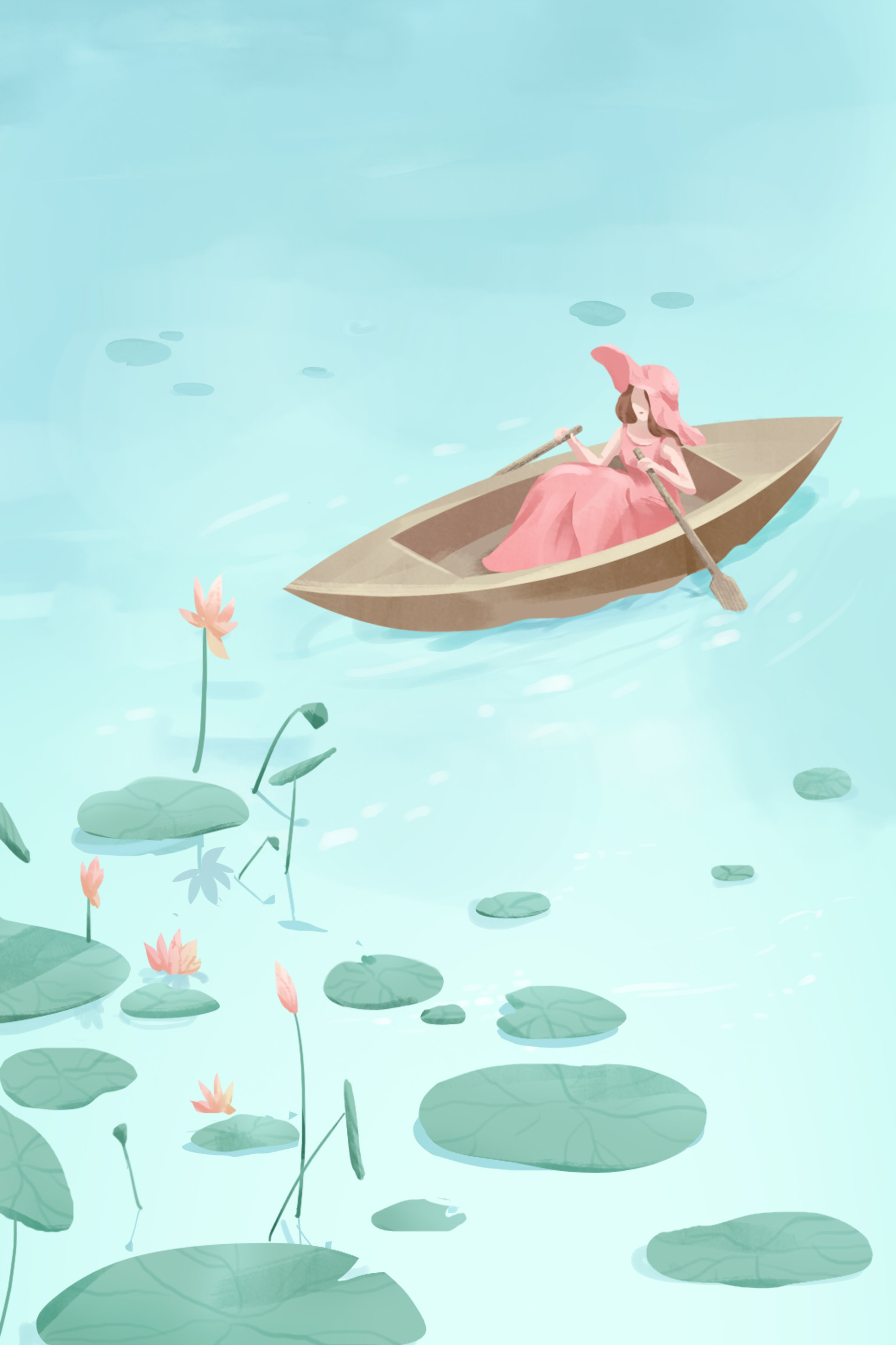 夏日荷塘泛舟插画