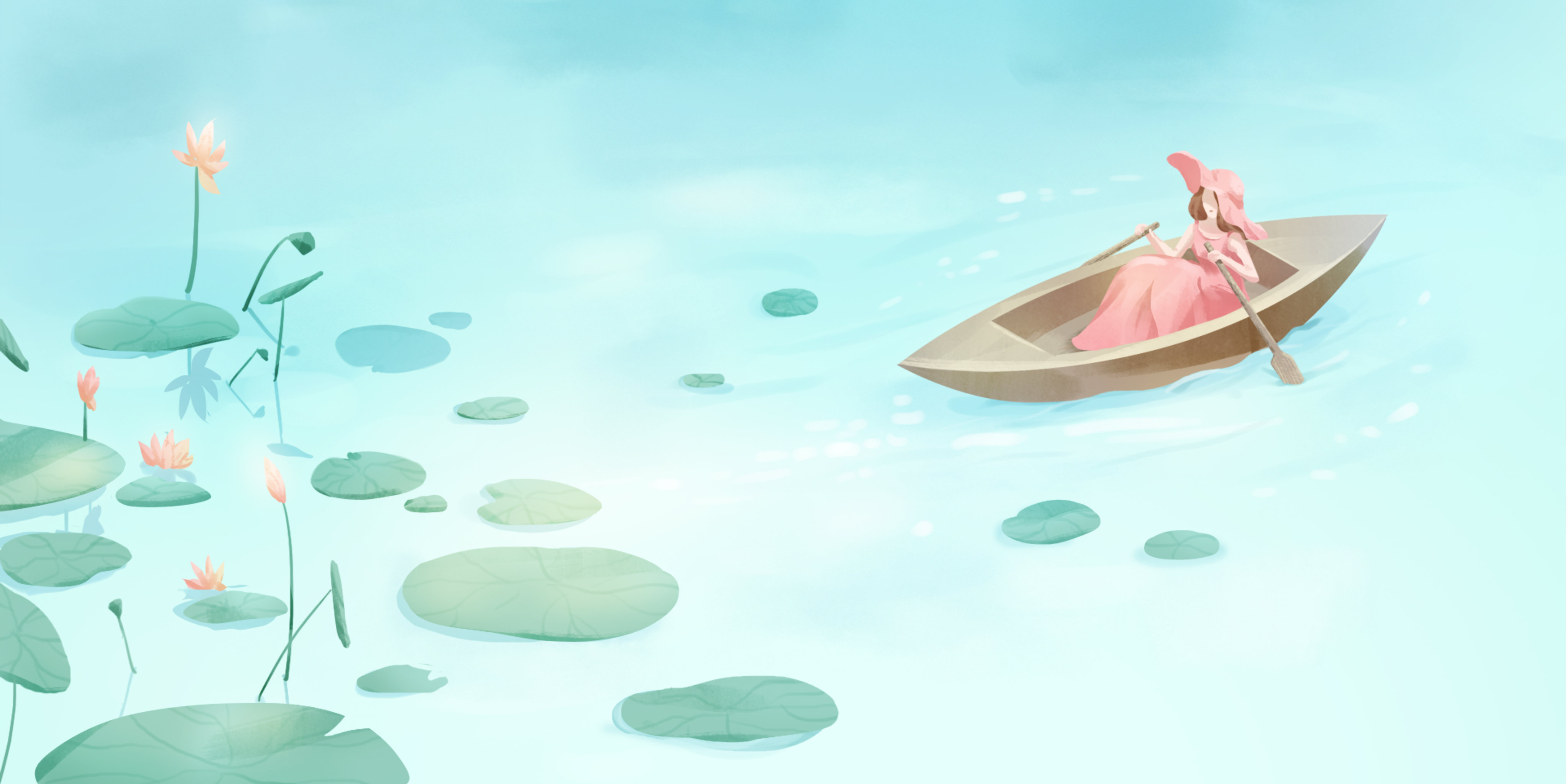 清新荷塘泛舟插画