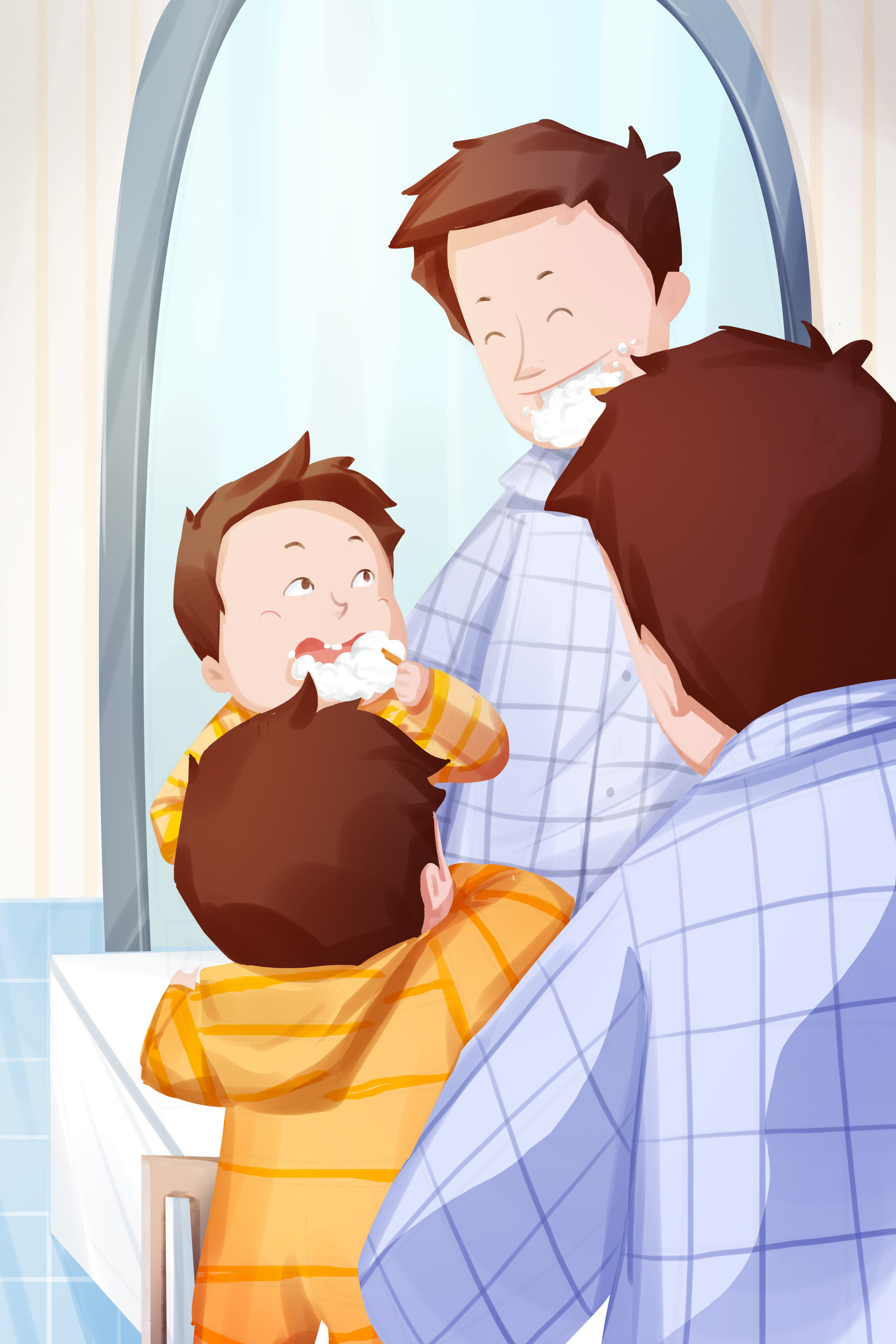 父子清晨陪伴刷牙插画 - 黄无邪 - 原创作品 - 视觉中国(shijueme)