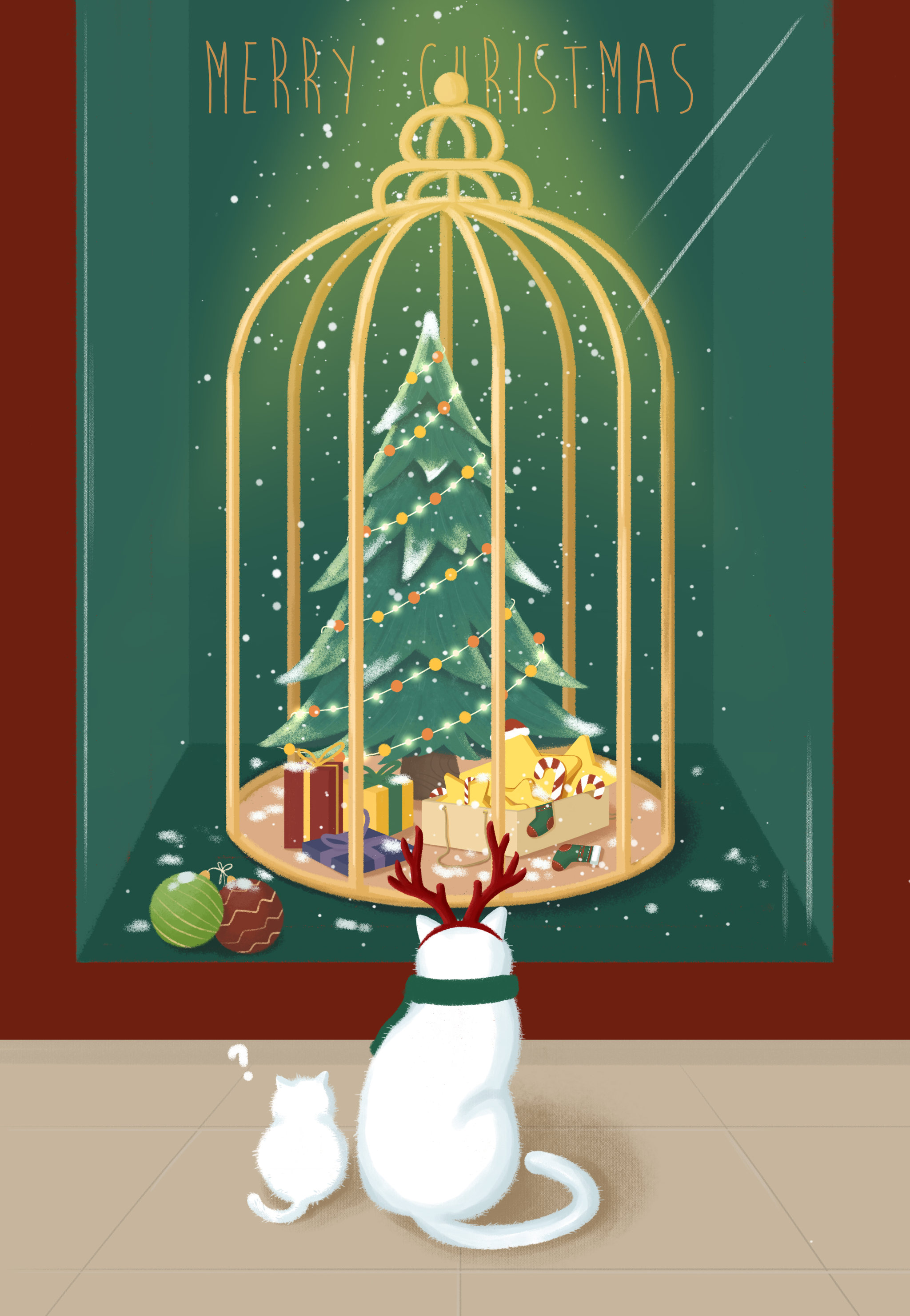 平涂冬天下雪猫咪圣诞节素材元素插画