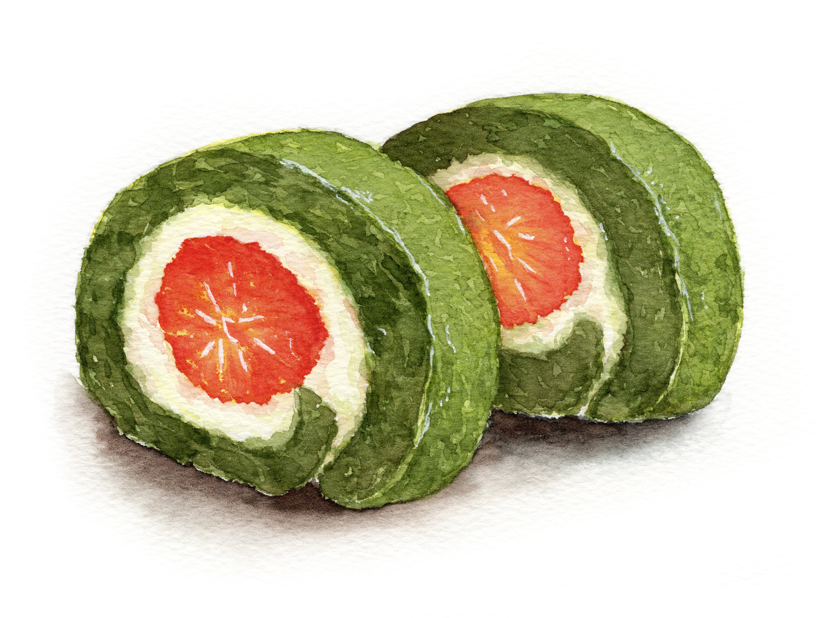 手绘水彩甜品抹茶草莓千层卷蛋糕素材元素插画