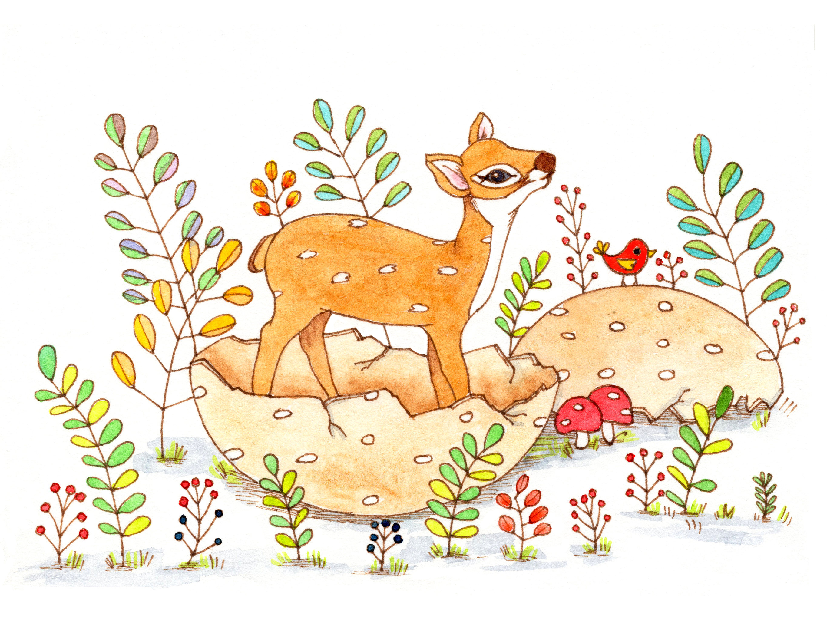 手绘水彩钢笔淡彩梅花鹿素材插画