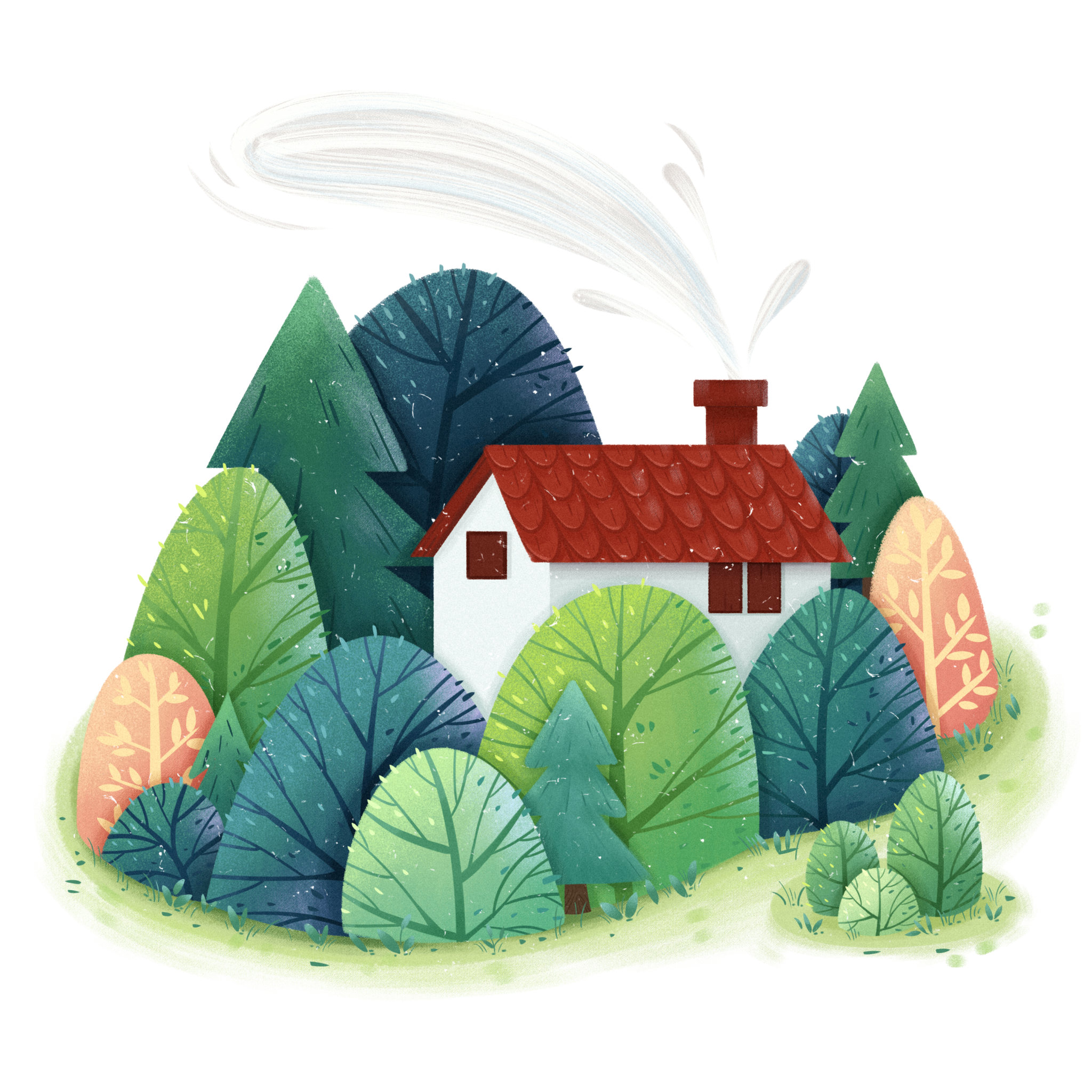 平涂风板绘商业插画绘画森林小屋绘本插画