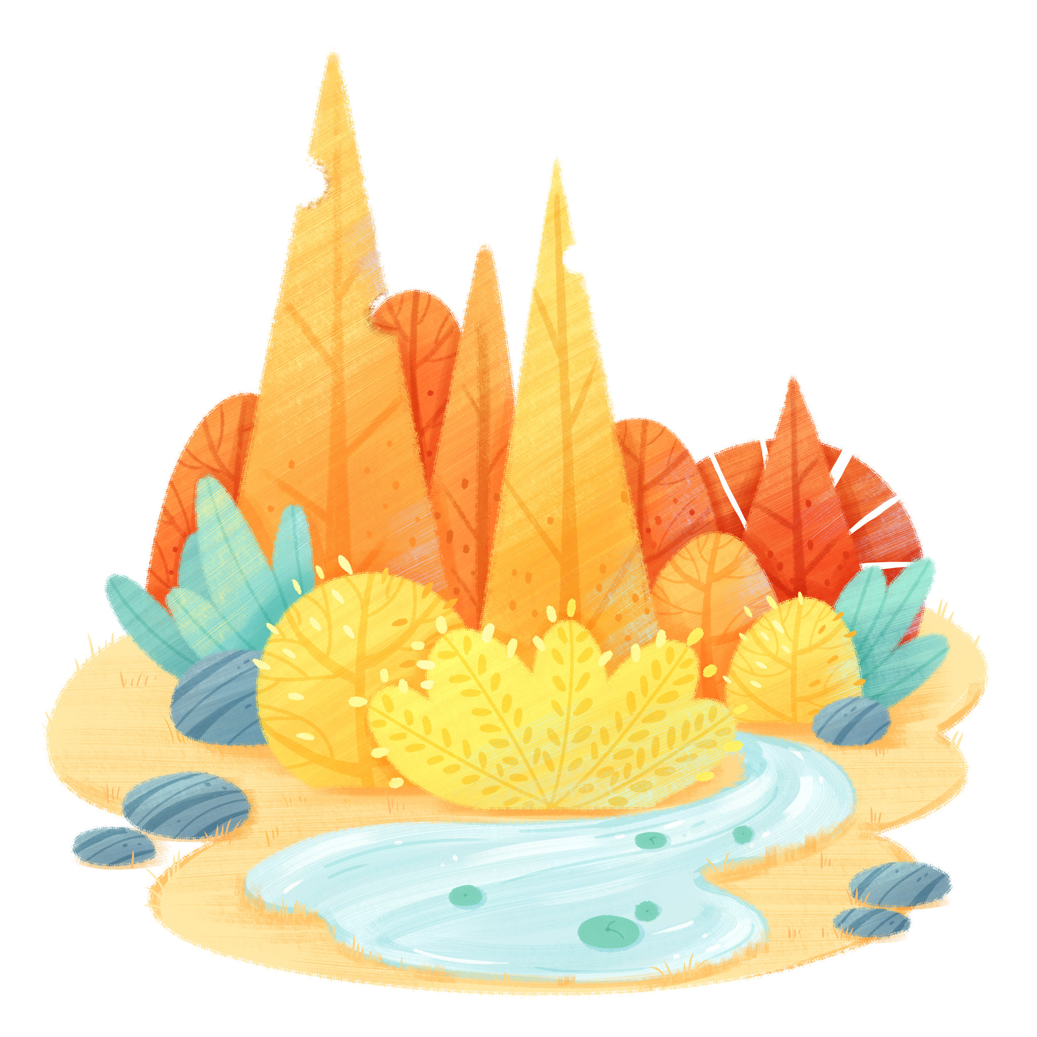 植物森林河流小场景插画