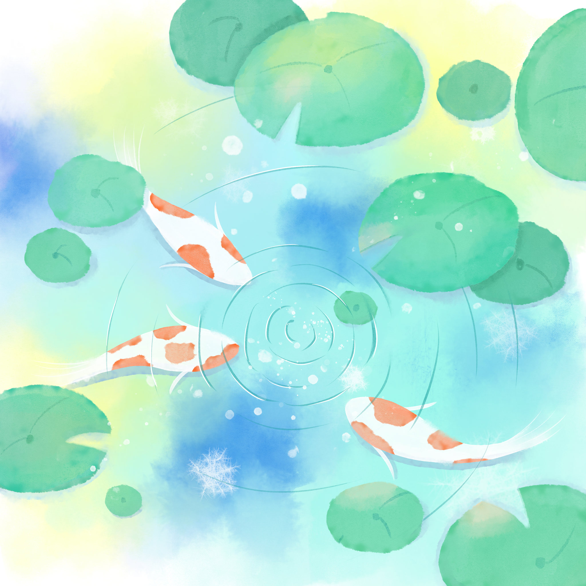 板绘仿水彩雨后荷塘锦鲤小景插画