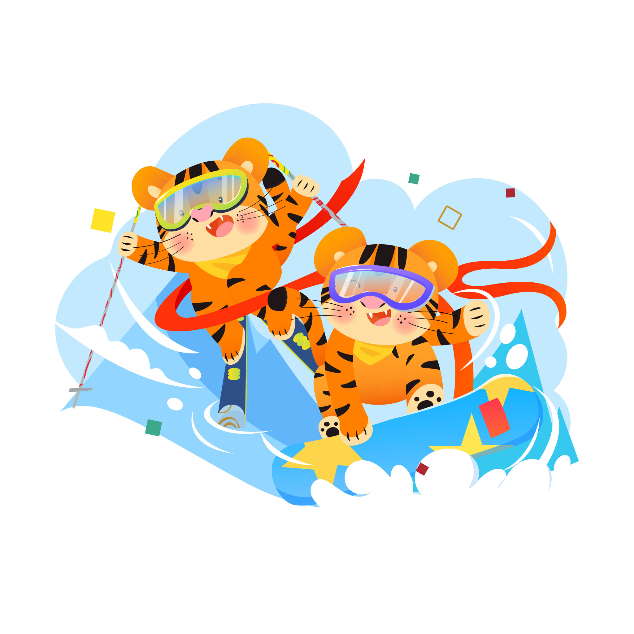虎年两只小老虎滑雪矢量插画海报背景