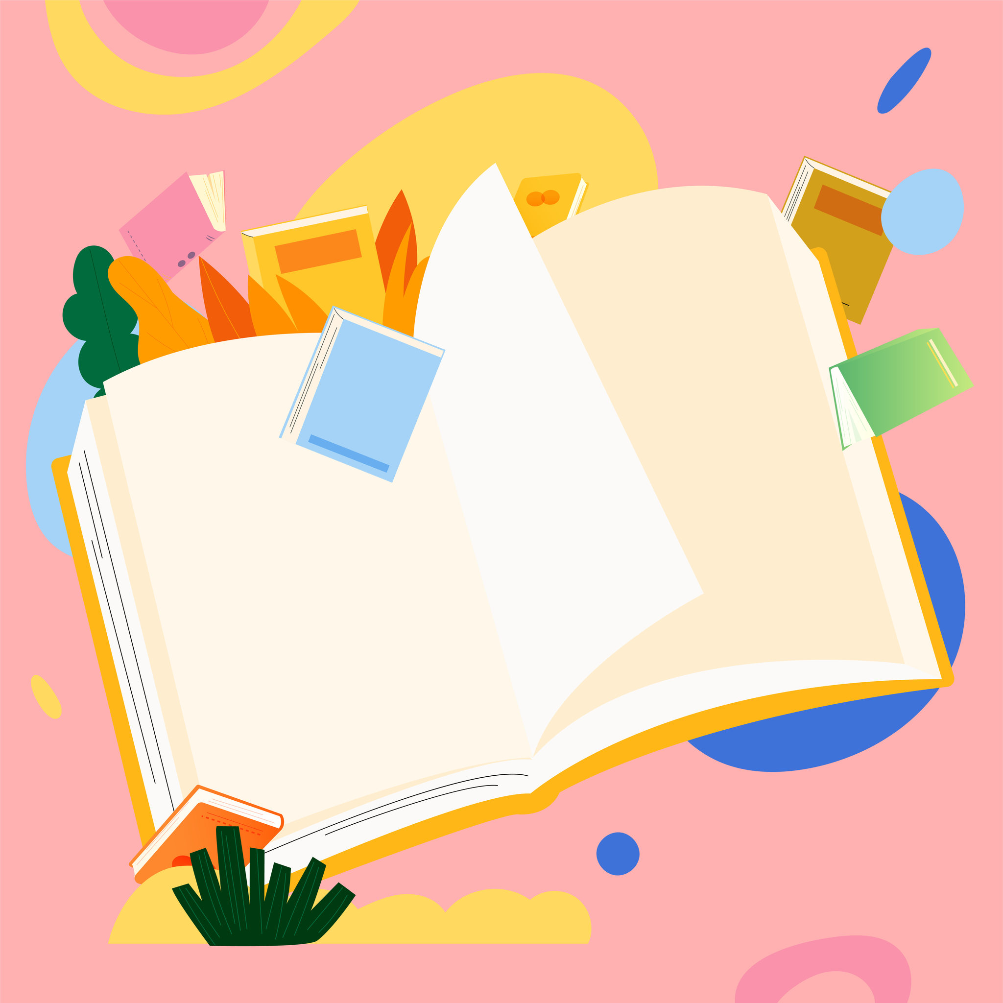 翻开的巨大书本和植物教育矢量插画背景方图