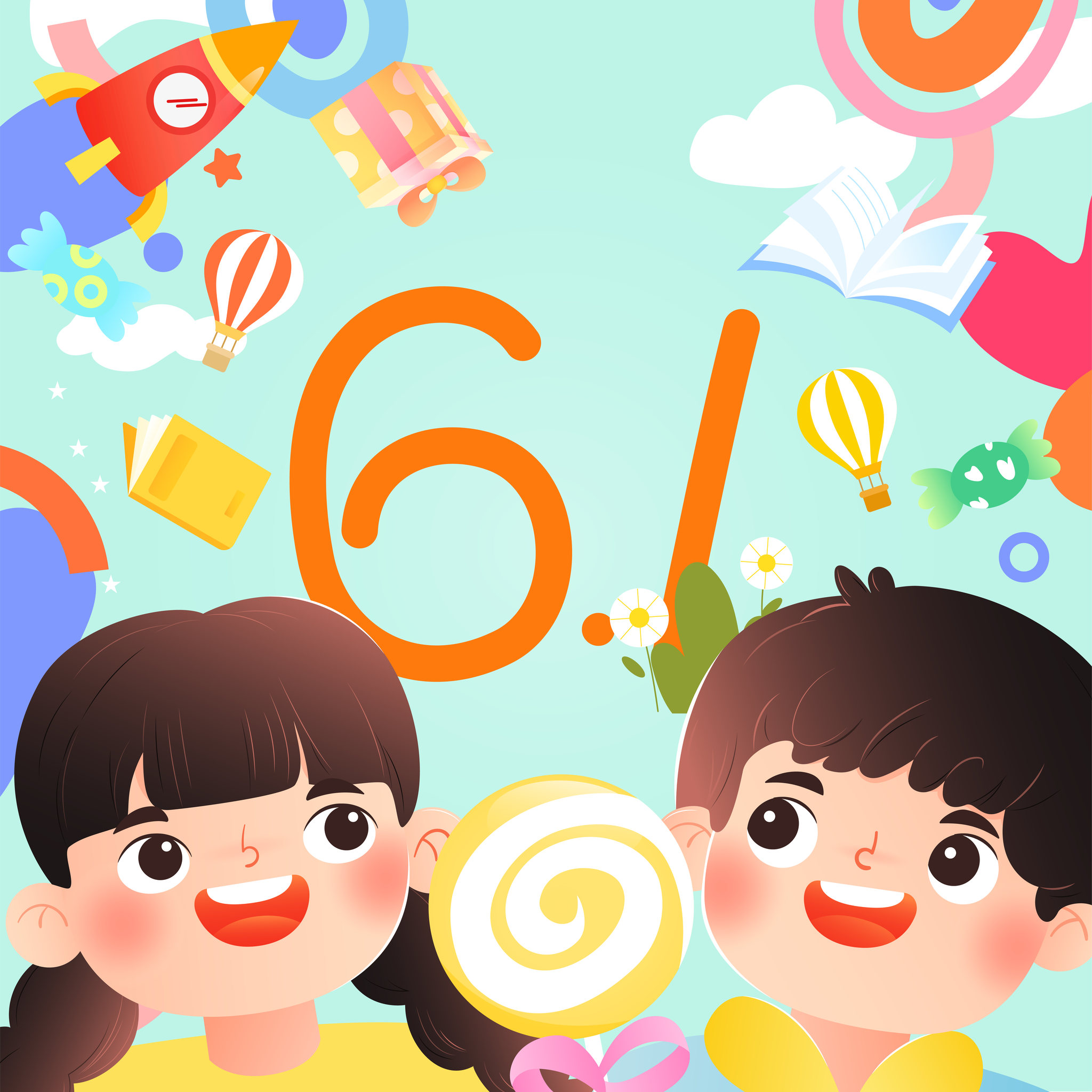 男孩女孩拿着棒棒糖庆祝儿童节矢量插画方图