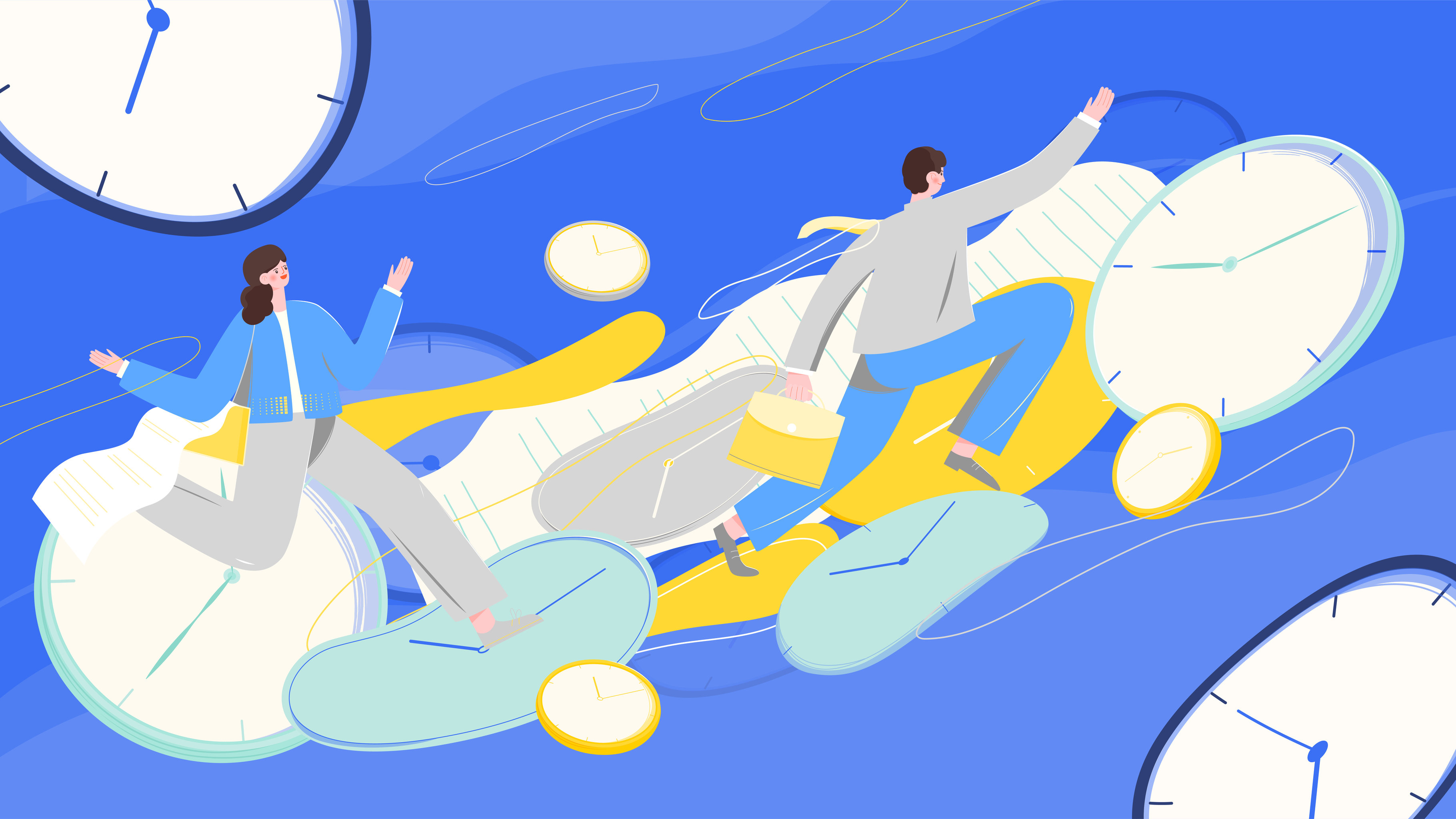 上班族在钟表上奔跑商务招聘矢量插画海报横图