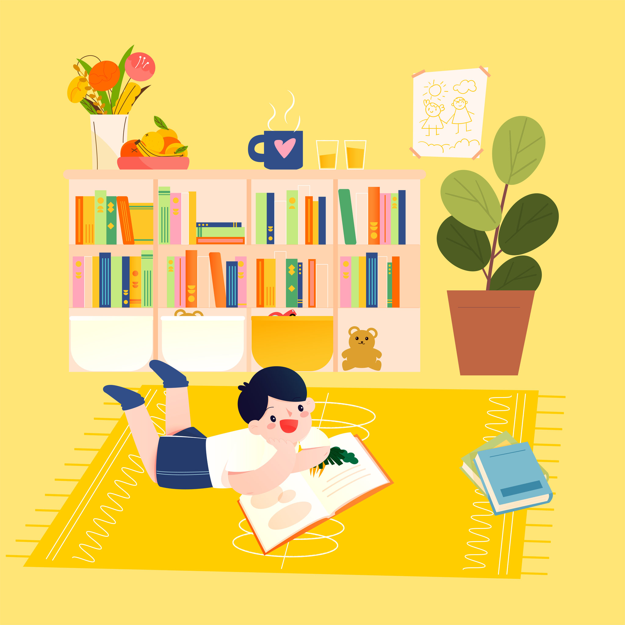 男孩趴在地毯上快乐的读书矢量插画方图