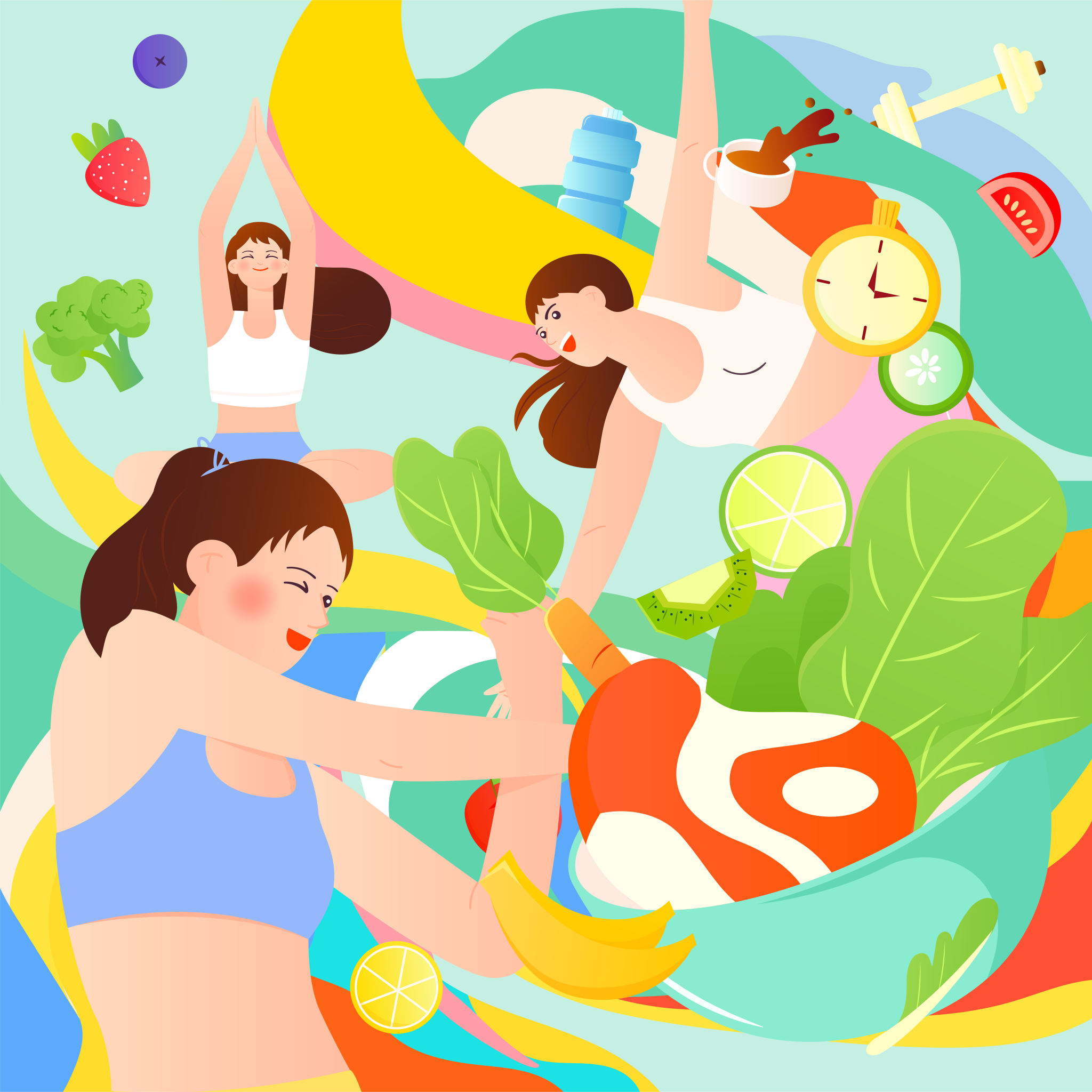 蔬菜水果减肥运动人物健康元素矢量插画背景