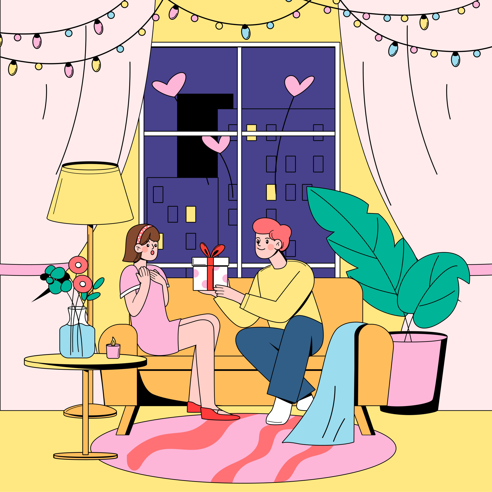 情侣节日纪念日在家中赠送礼物矢量插画海报方图