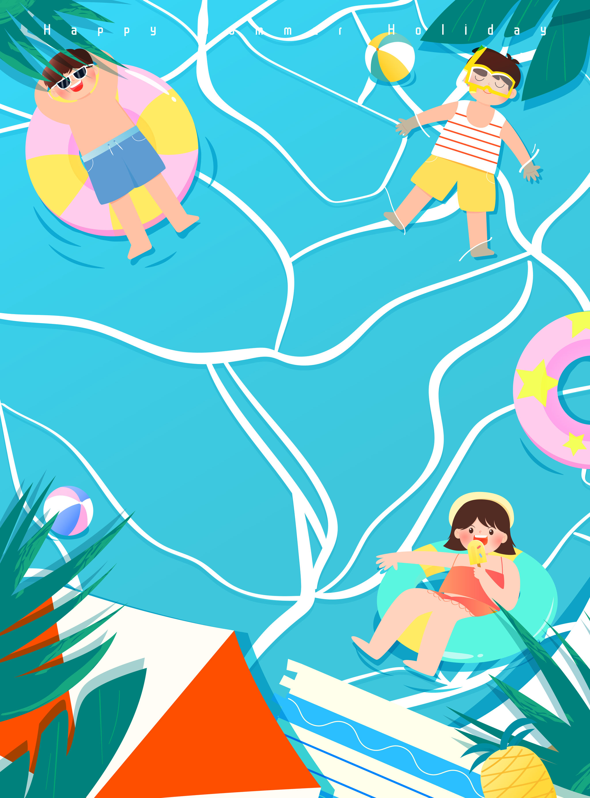 夏天儿童在泳池玩耍矢量插画海报竖图背景