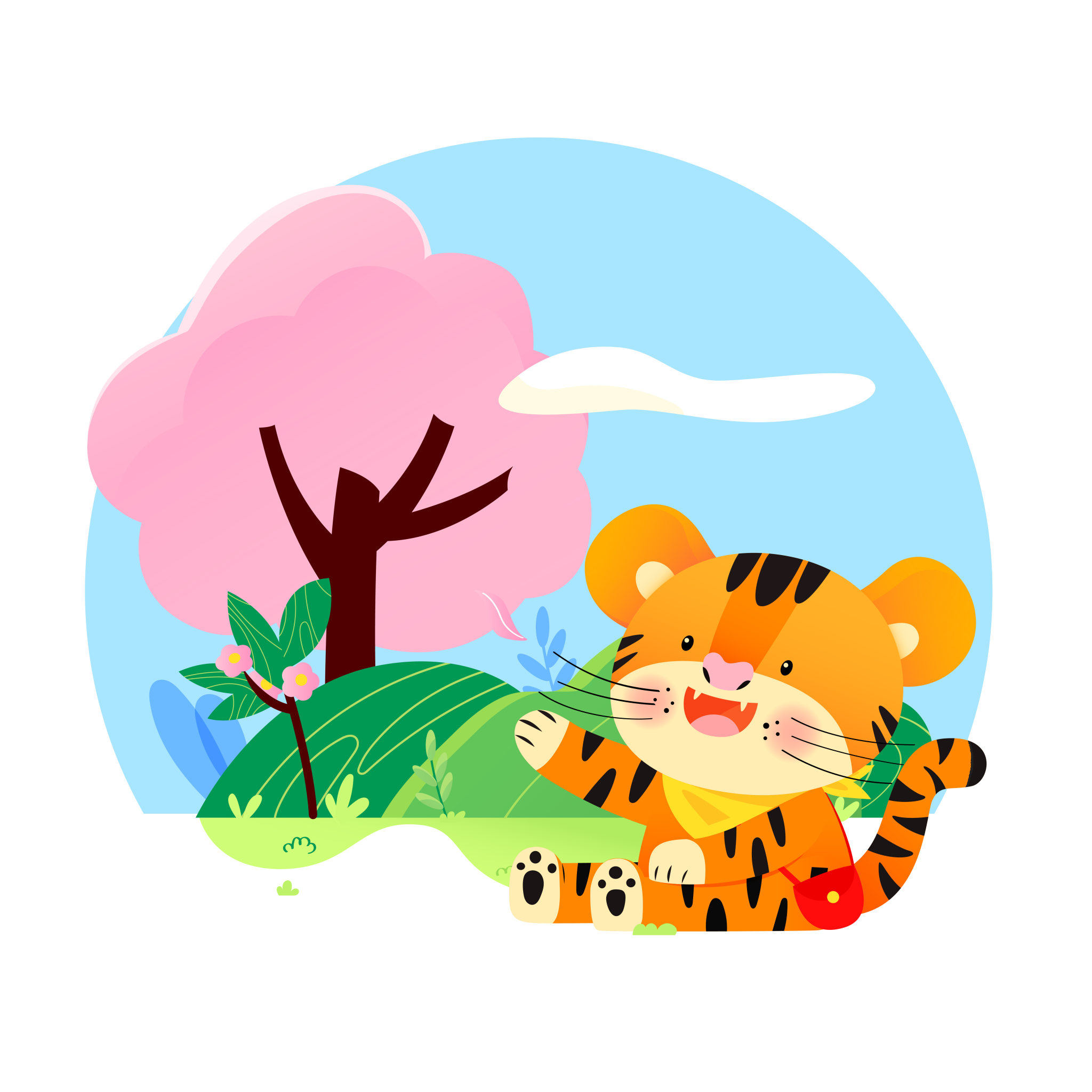 可爱的小老虎坐在草地上矢量卡通插画