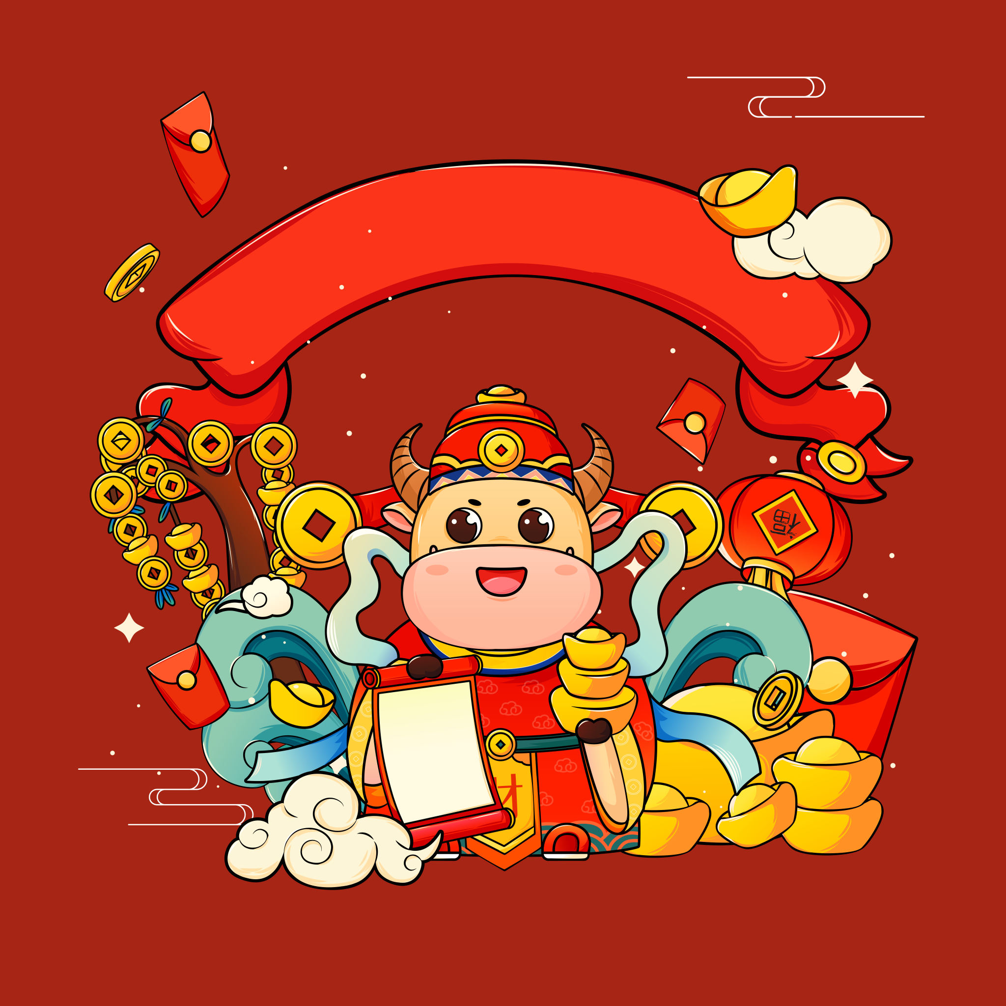 国潮卡通牛年财神和元宝金币矢量插画海报方图