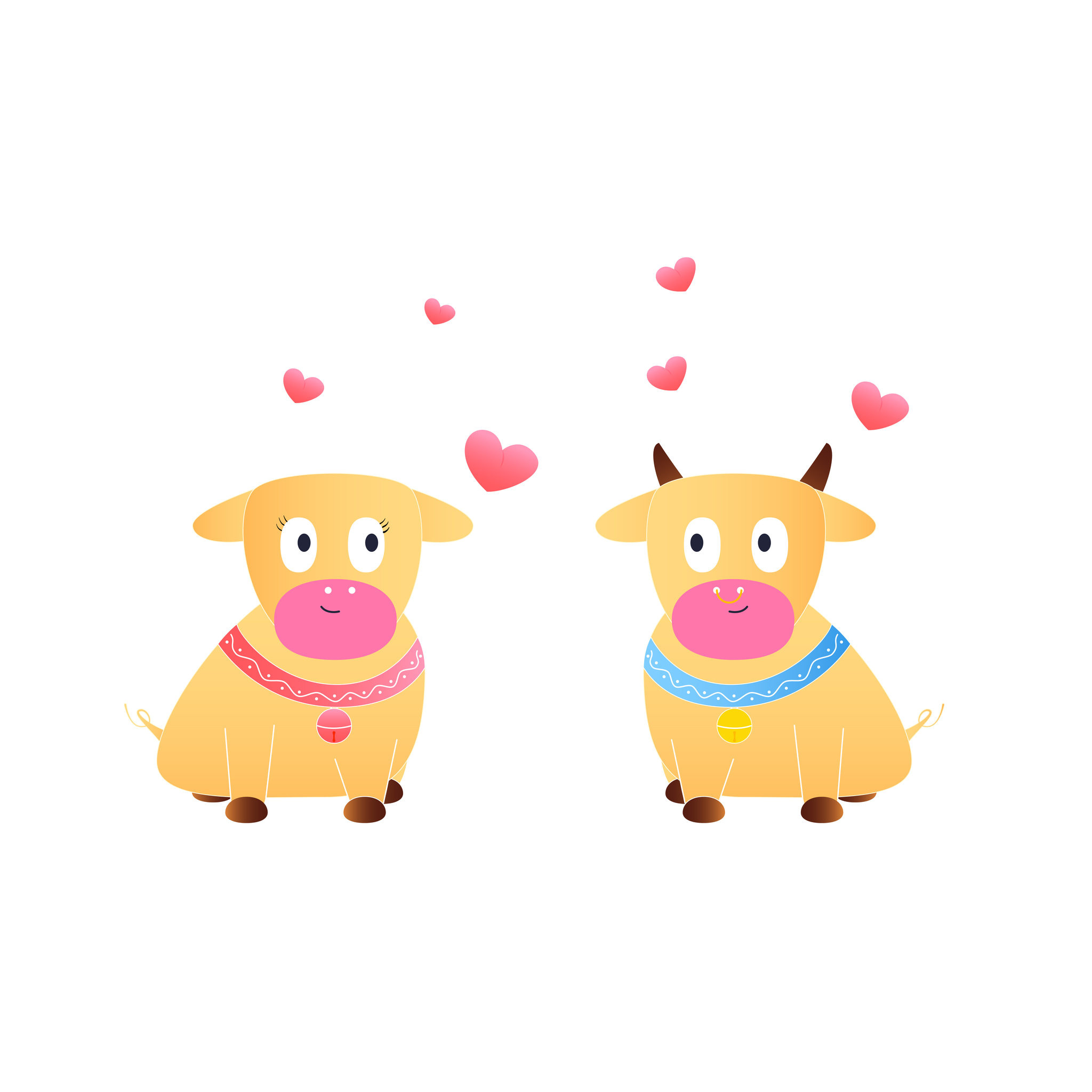 情侣牛卡通吉祥物矢量插画元素